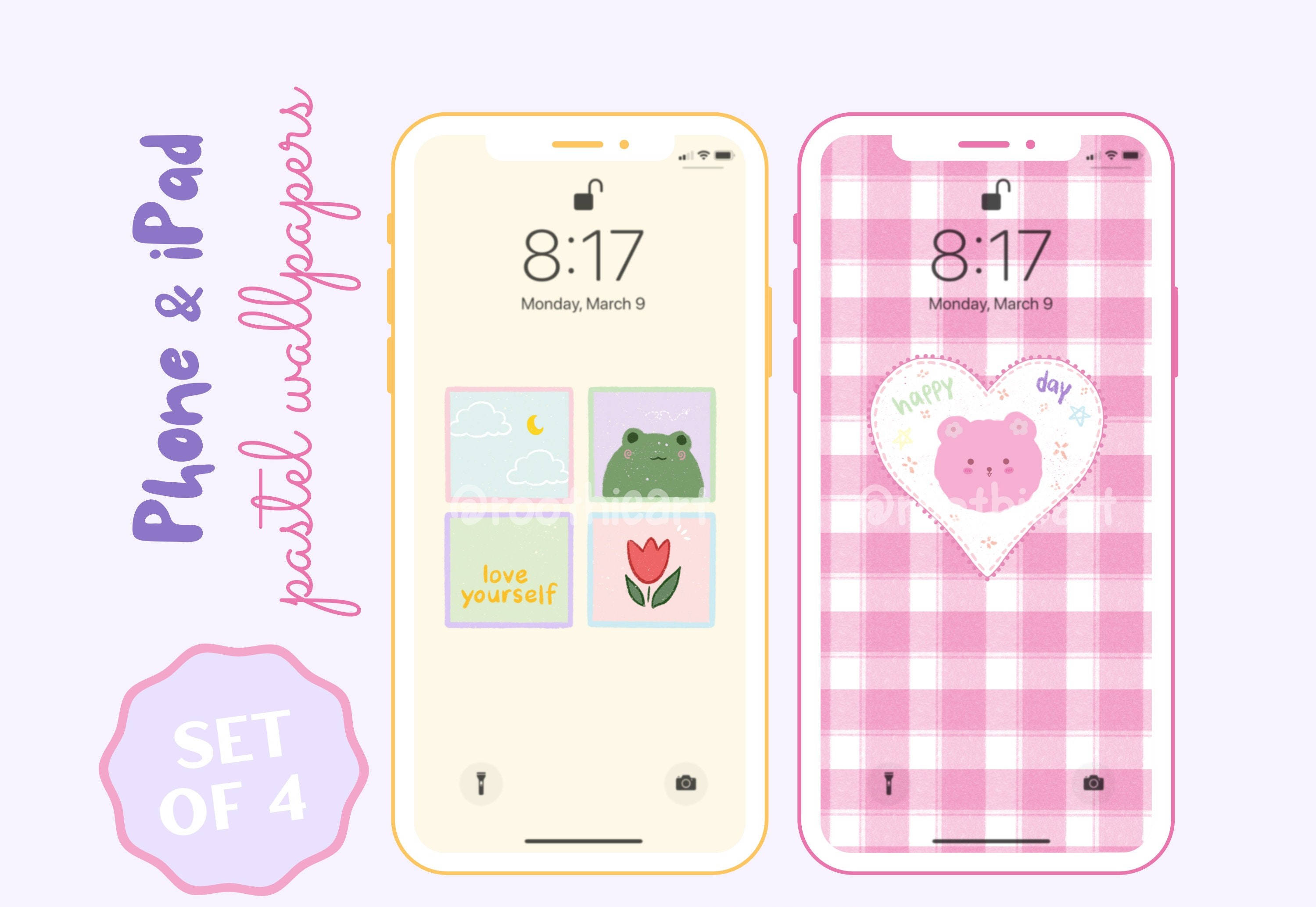 pastel wallpapers, cute frog and tulip icons, pink plaid, 2K Desktop Wallpaper