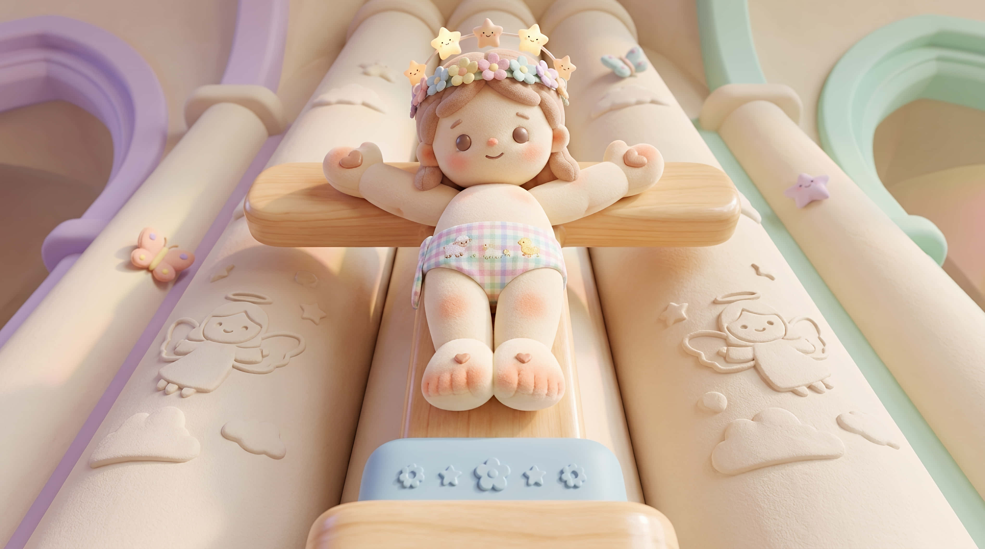 clay angel girl, playground structure, floral crown, 4K Desktop Wallpaper