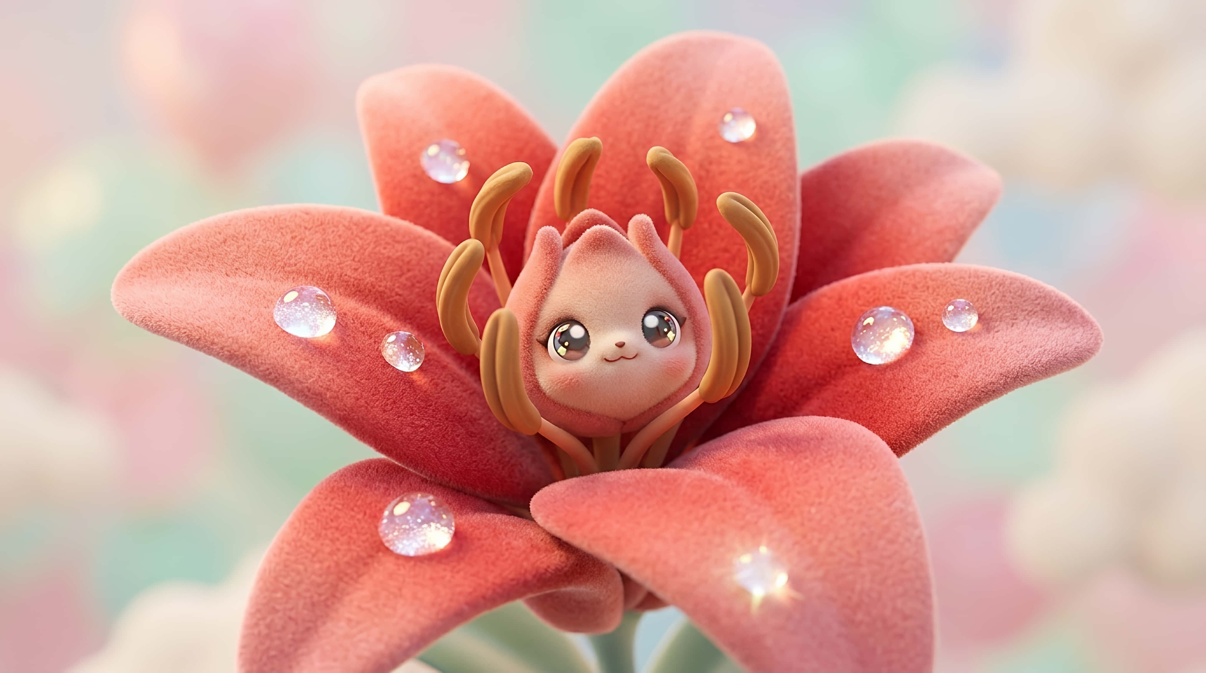 felted lily flower fairy, coral pink flower, dew drops, 4K Desktop Wallpaper
