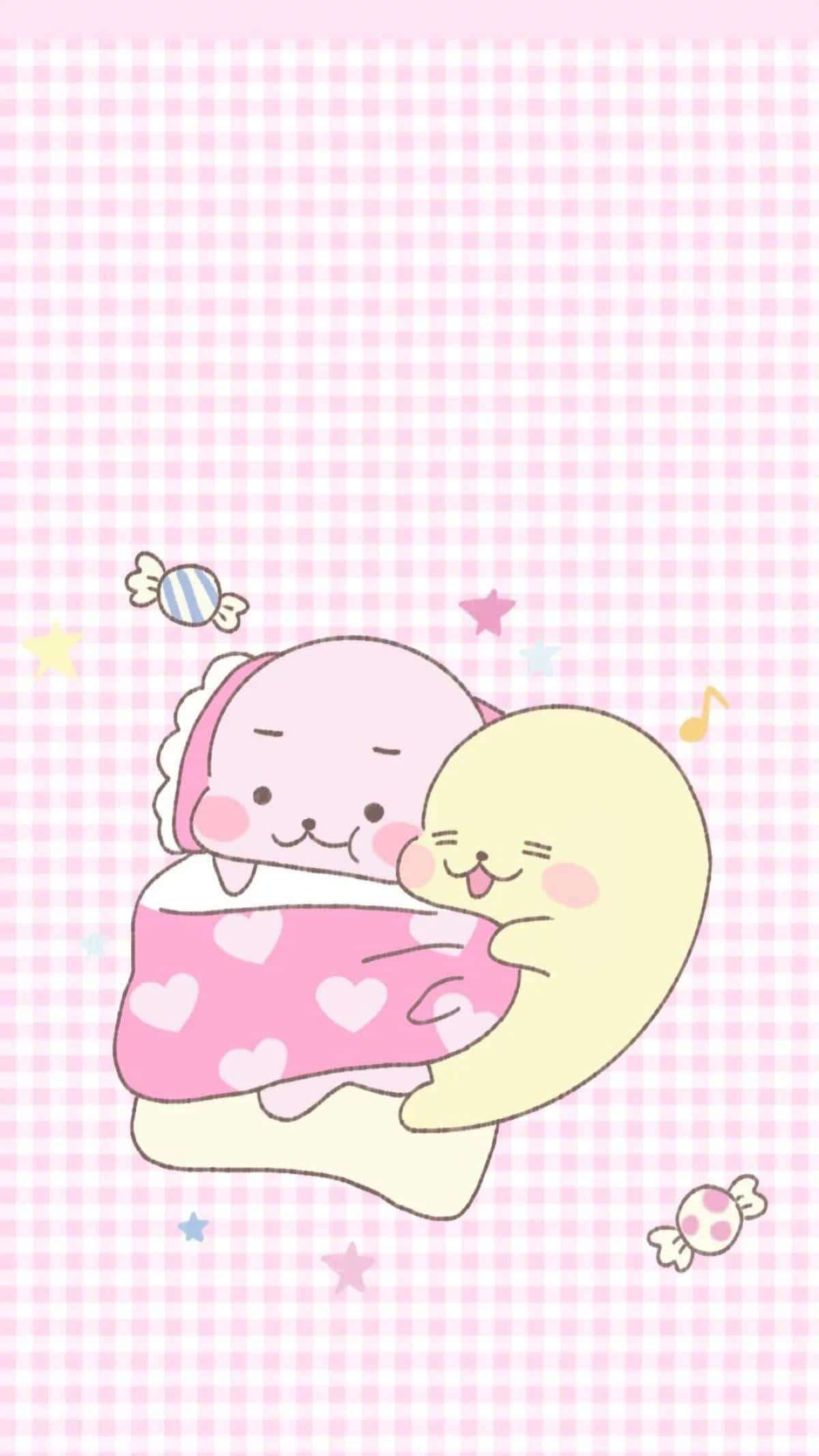 pastel-colored, cartoon characters, heart-patterned blanket, Full HD Phone Wallpaper