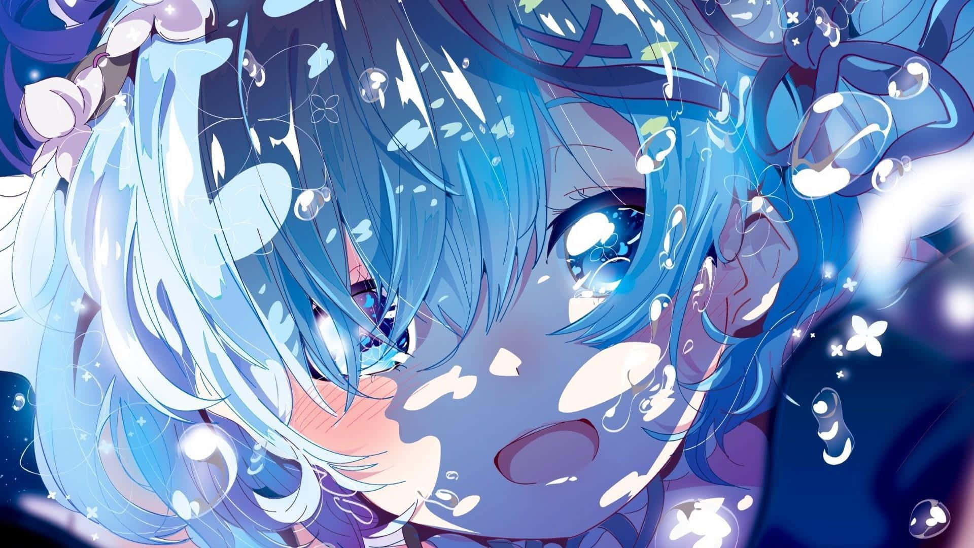 kawaii anime aesthetic, blue hair, sparkling bubbles, Full HD Desktop Wallpaper