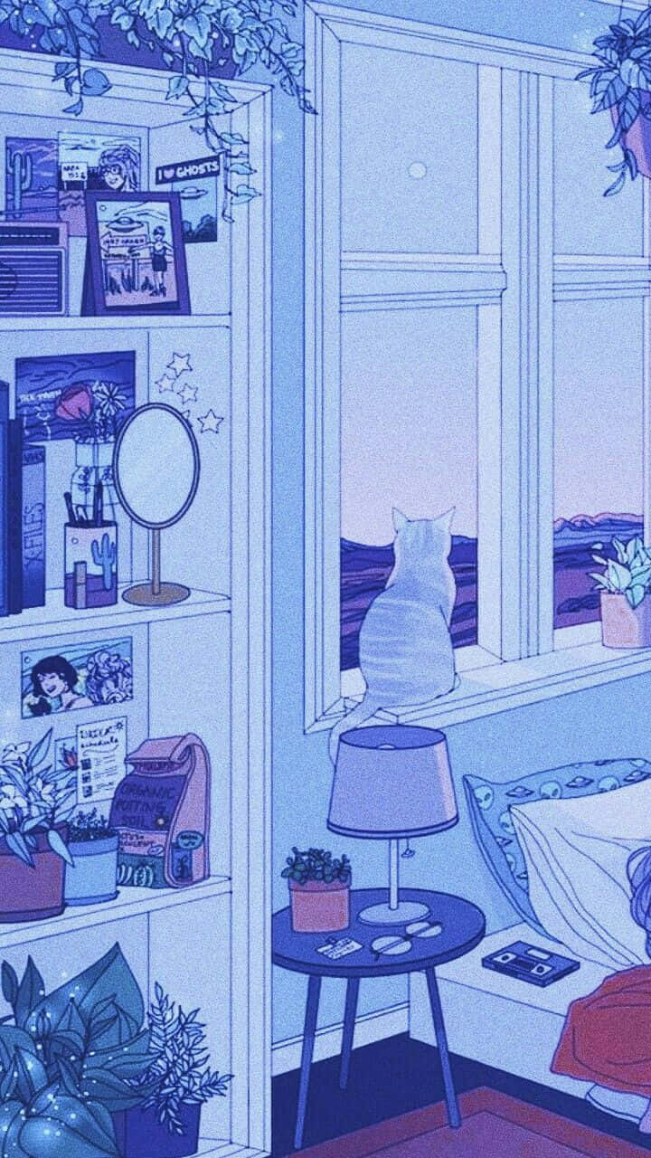 kawaii anime aesthetic, iPhone lock screen, serene blue-toned bedroom, HD Phone Wallpaper