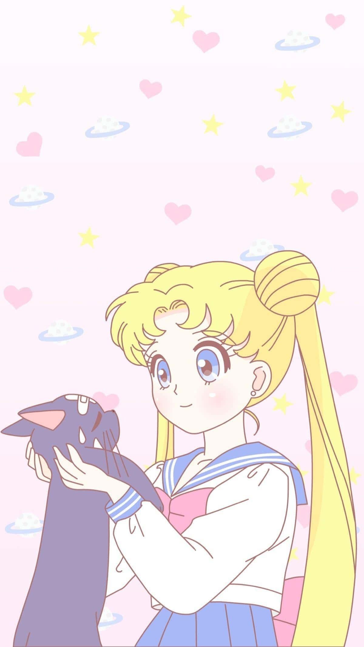 anime girl, blonde hair, black cat, Full HD Phone Wallpaper