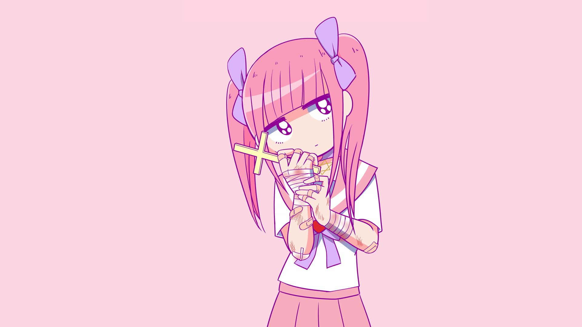 pink-haired anime girl, purple bows, wooden cross, Full HD Desktop Wallpaper
