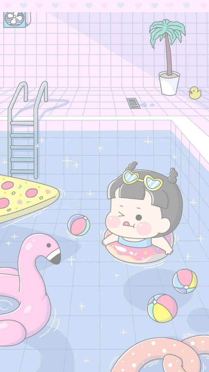 cute cartoon girl, heart-shaped glasses, pastel pool, SD Phone Wallpaper