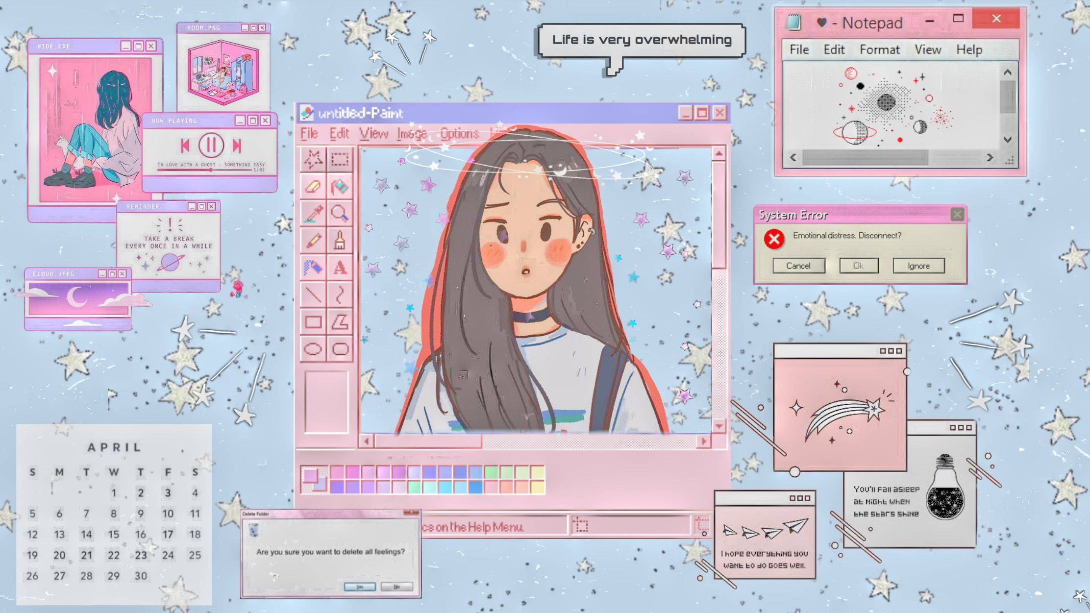 kawaii aesthetic computer, pink-themed Windows interface, floating error messages, Full HD Desktop Wallpaper