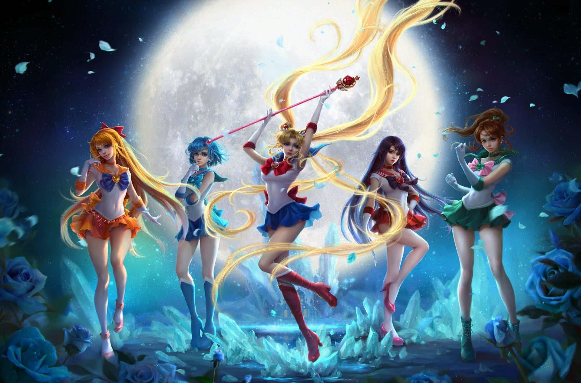 sailor uniforms, glowing moon backdrop, blue roses, HD Desktop Wallpaper