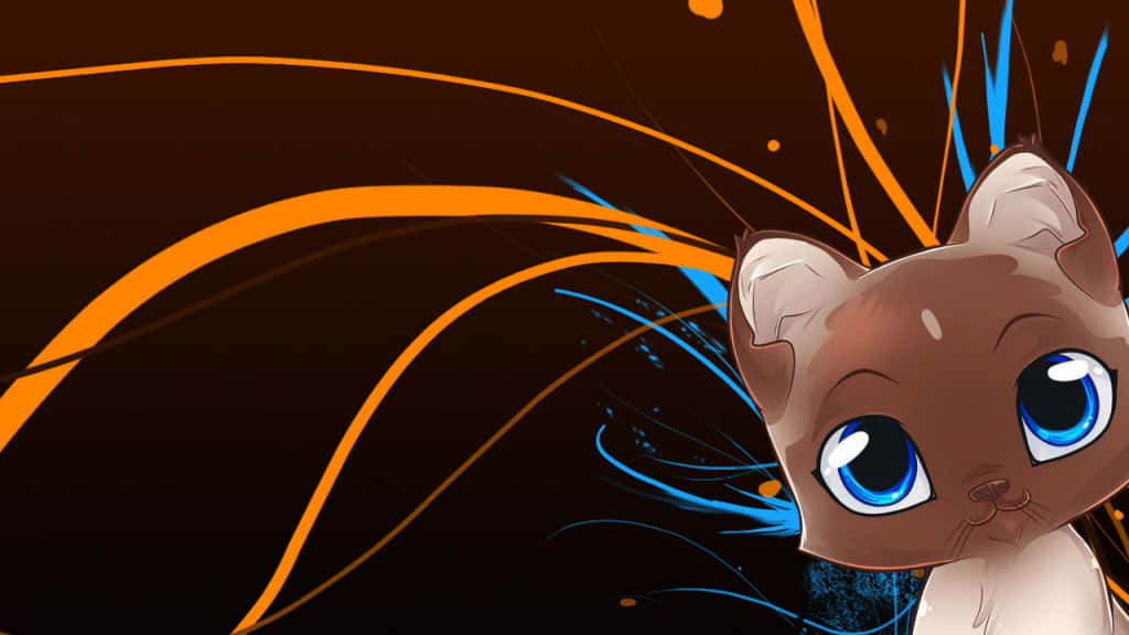 kawaii anime cat, big blue eyes, vibrant orange and blue streaks, SD Desktop Wallpaper