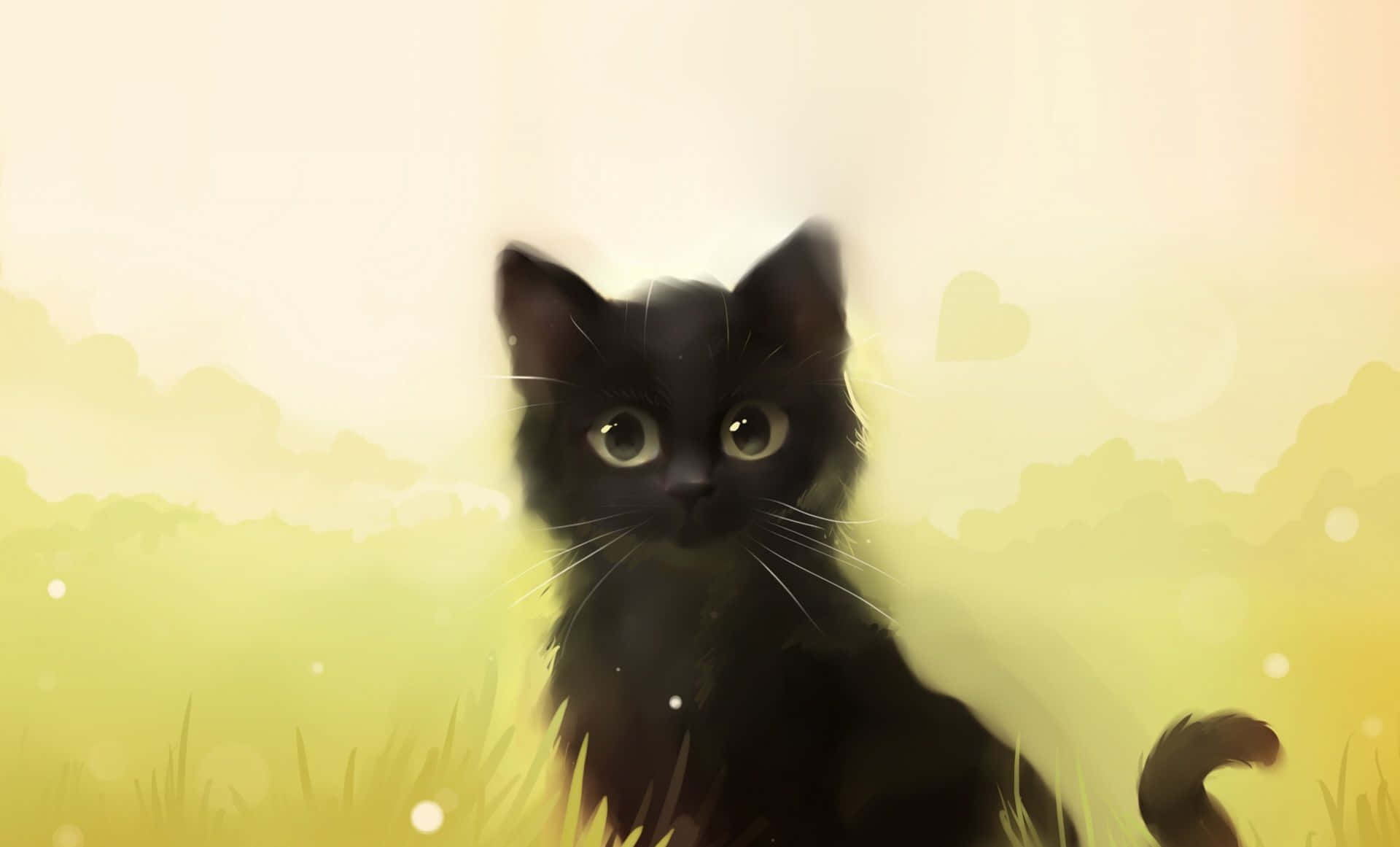 kawaii anime cat, black kitten, wide golden eyes, Full HD Desktop Wallpaper