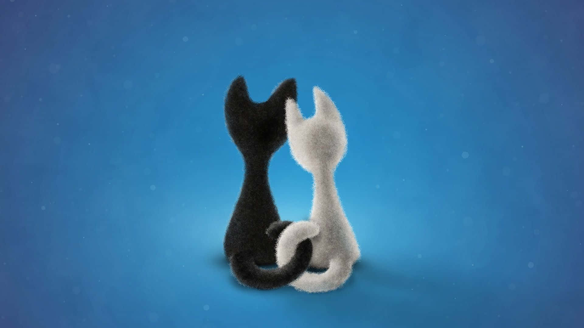 kawaii anime cat, black and white cat silhouettes, soft blue gradient background, Full HD Desktop Wallpaper
