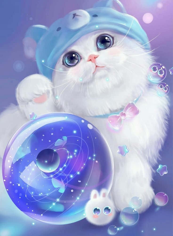 kawaii anime cat, fluffy white kitten, blue bear hat, SD Phone Wallpaper