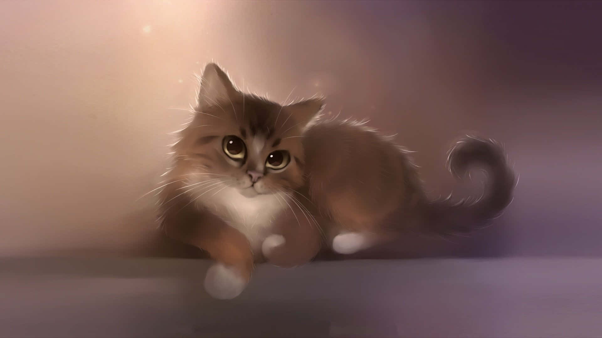 kawaii anime cat, fluffy brown and white cat, wide eyes, Full HD Desktop Wallpaper