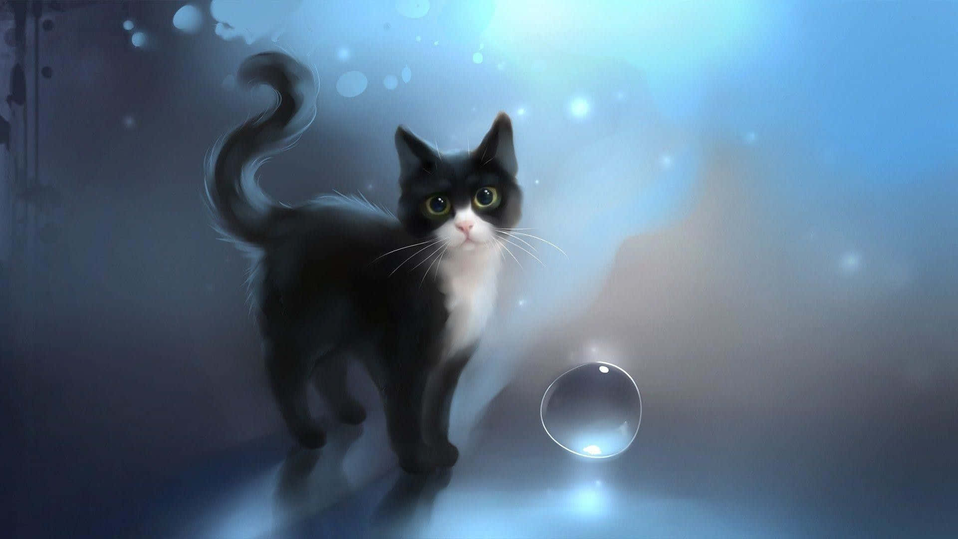 kawaii anime cat, black and white cat, glowing eyes, Full HD Desktop Wallpaper