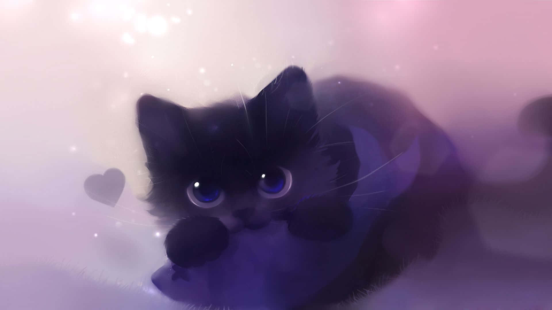 kawaii anime cat, fluffy black kitten, big blue eyes, Full HD Desktop Wallpaper