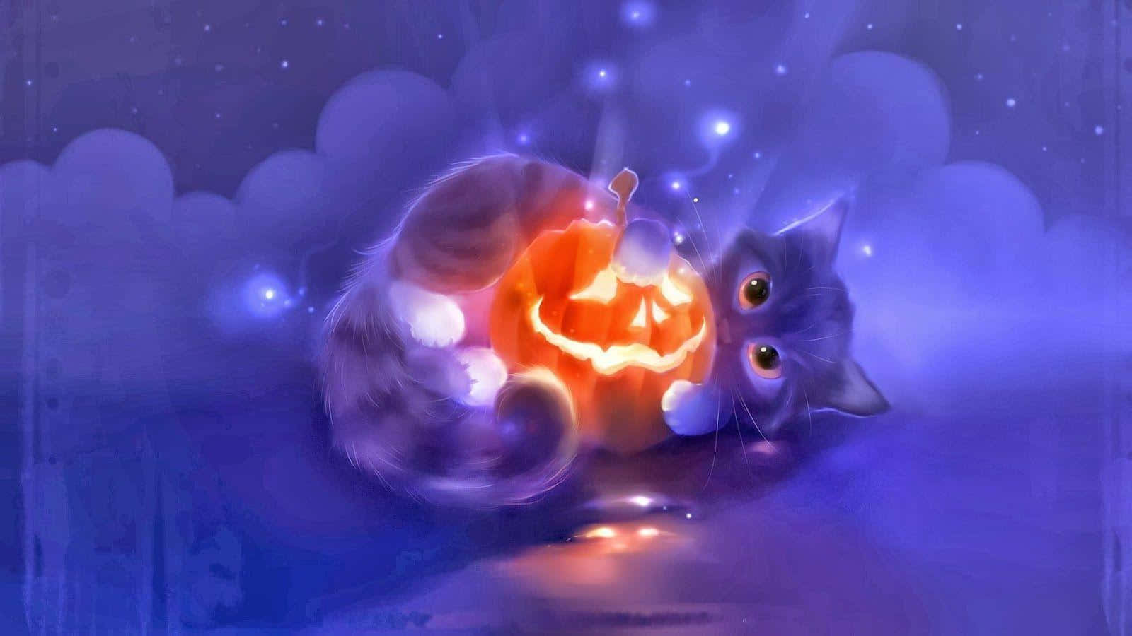 kawaii anime cat, fluffy gray cat, glowing jack-o'-lantern, HD Desktop Wallpaper
