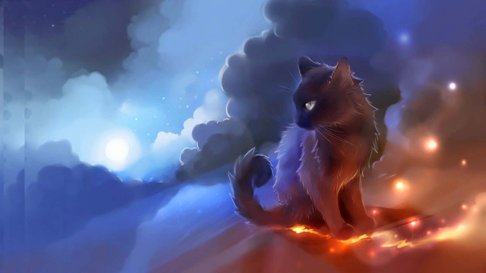 kawaii anime cat, black cat, glowing embers, HD Desktop Wallpaper