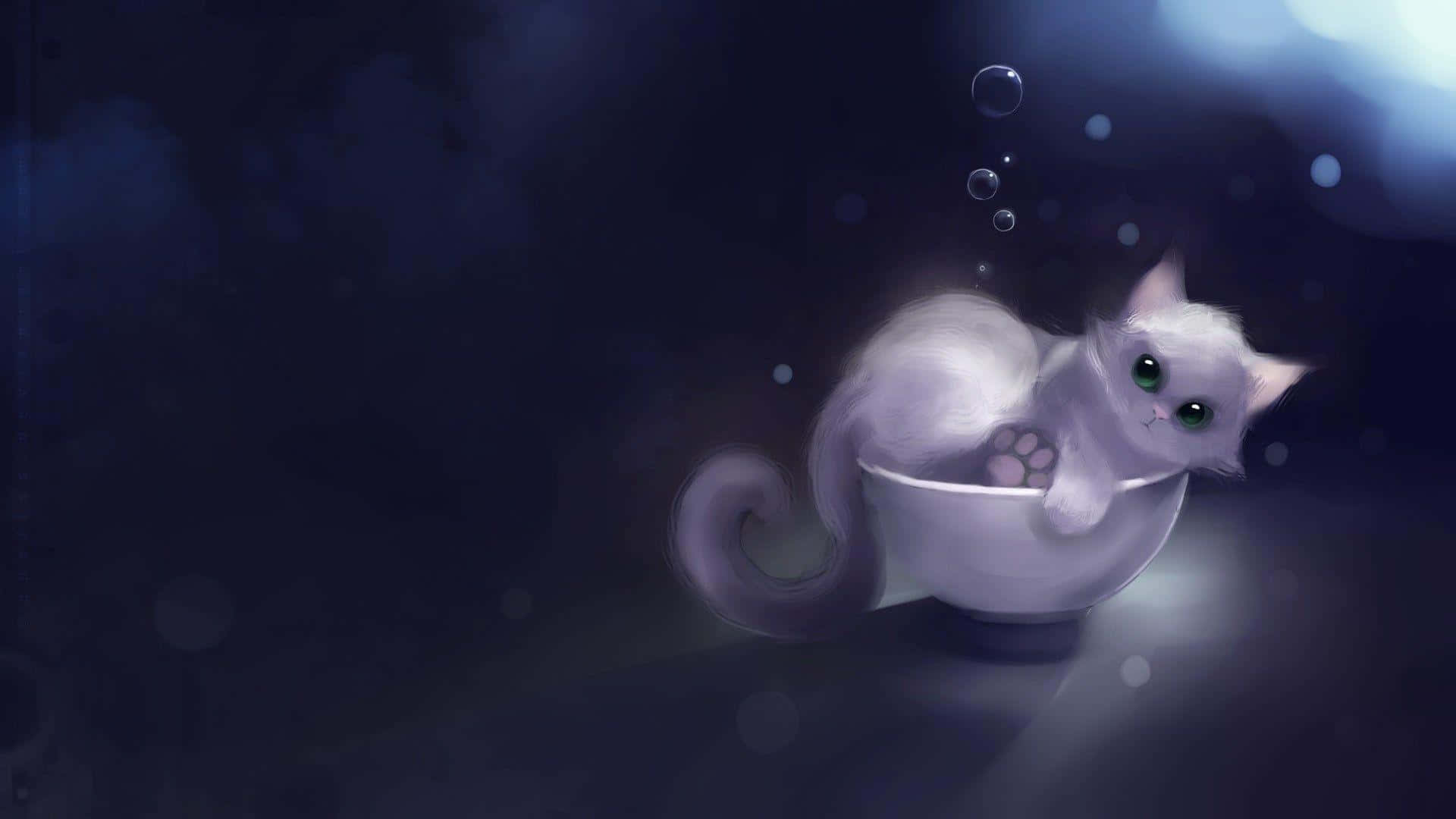 kawaii anime cat, fluffy white cat, glowing green eyes, Full HD Desktop Wallpaper