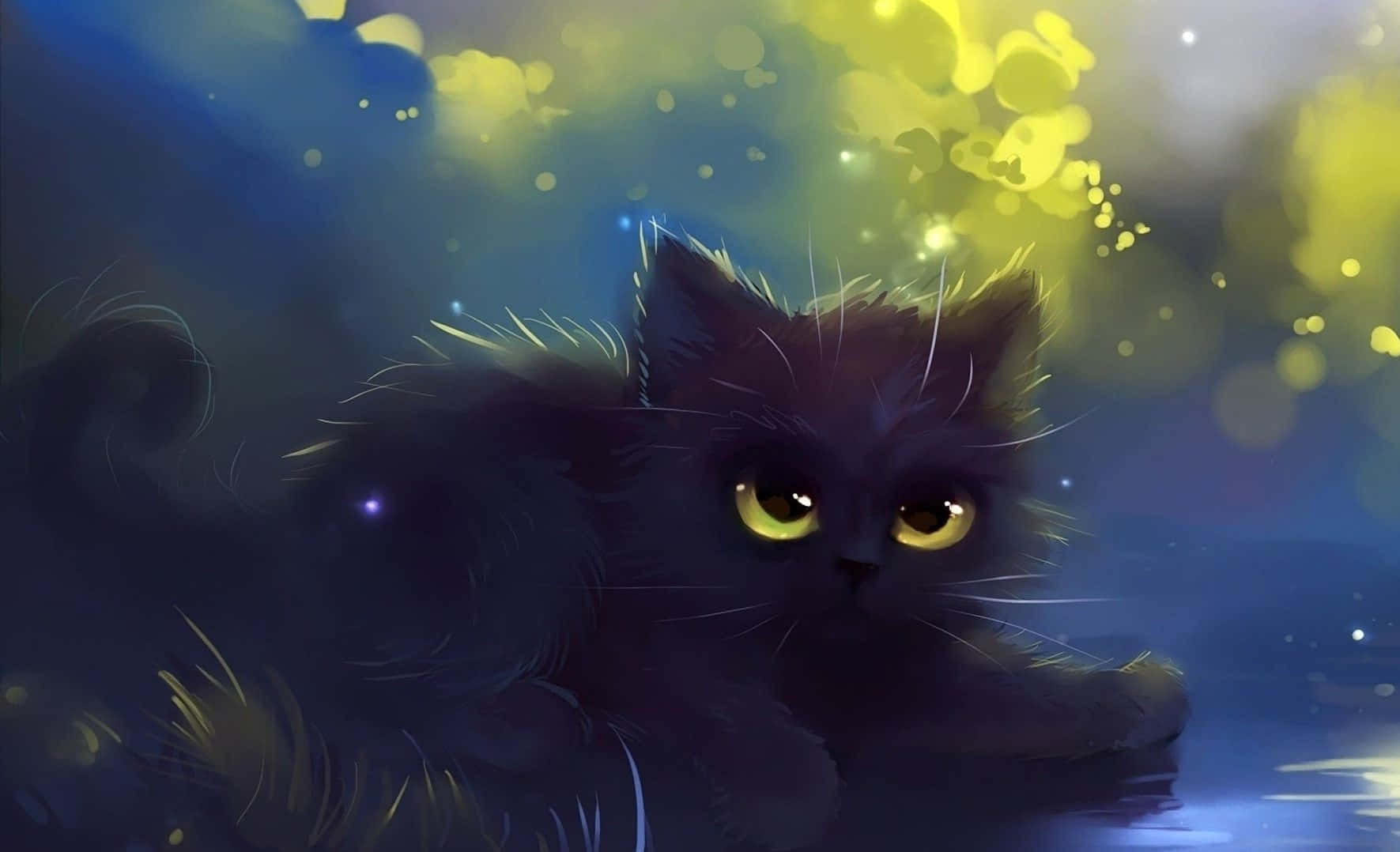 kawaii anime cat, fluffy black cat, glowing yellow eyes, HD Desktop Wallpaper