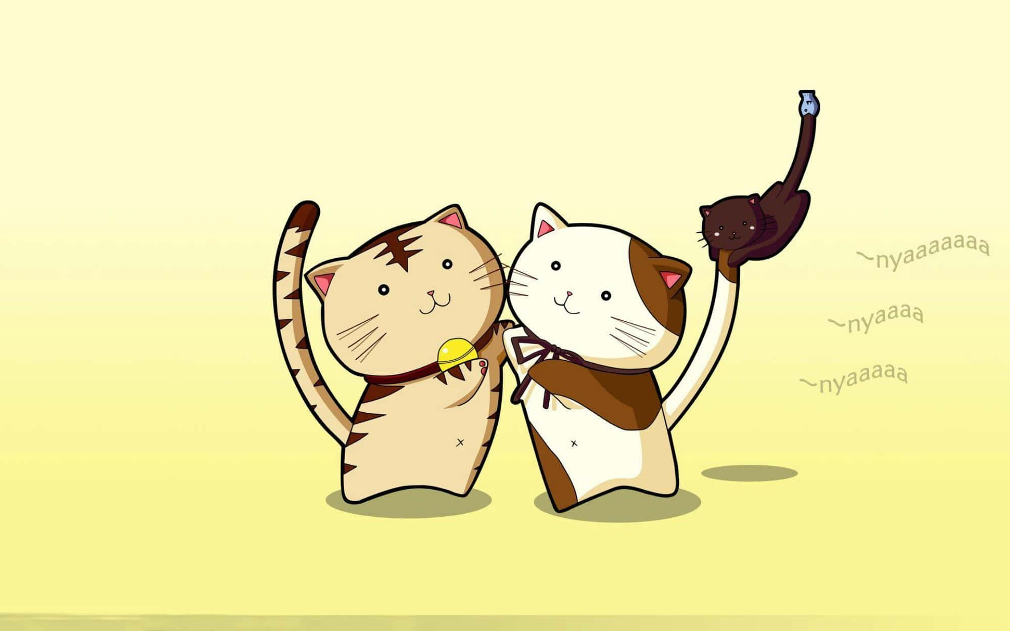 kawaii anime cat, tiny black cat selfie stick, soft yellow background, Full HD Desktop Wallpaper
