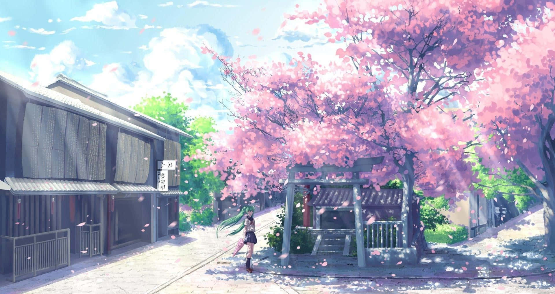 green hair, blossoming pink cherry tree, traditional Japanese street, Full HD Desktop Wallpaper