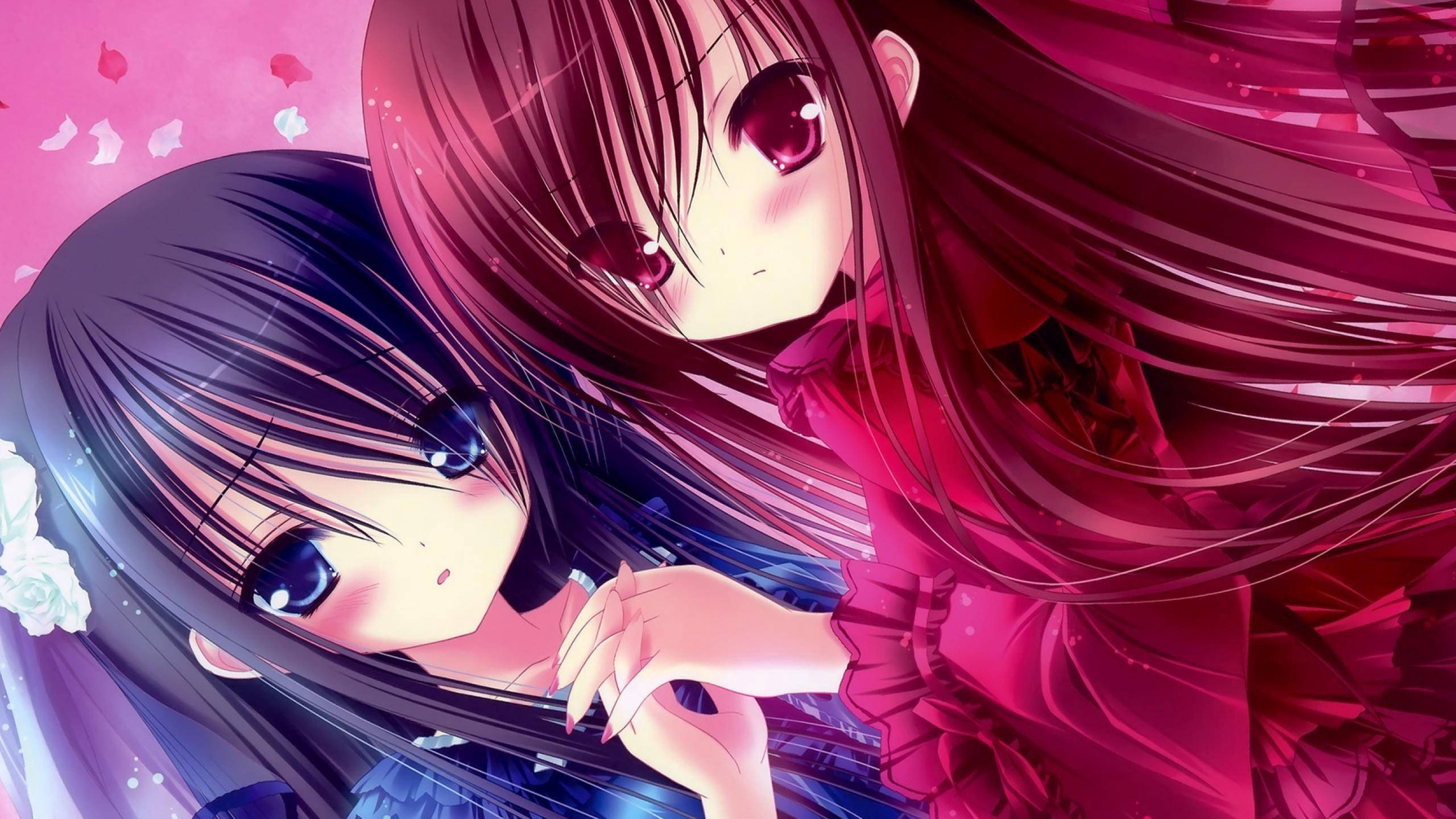 kawaii anime girls, blue and red, long hair, 2K Desktop Wallpaper