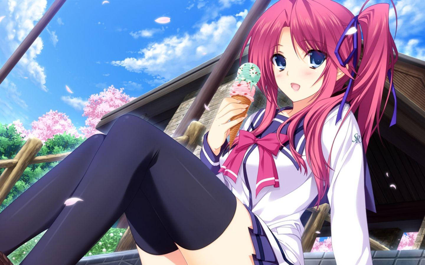 pink-haired anime girl, school uniform, ice cream, HD Desktop Wallpaper