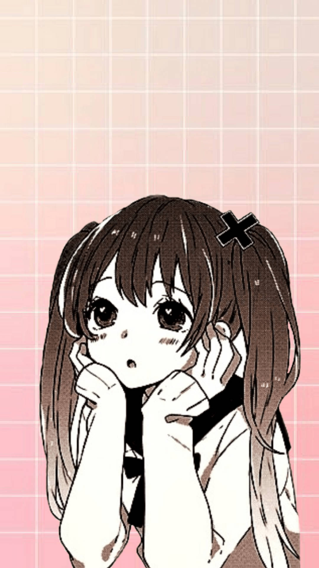 kawaii anime girl, brown pigtails, black cross hair clip, Full HD Phone Wallpaper