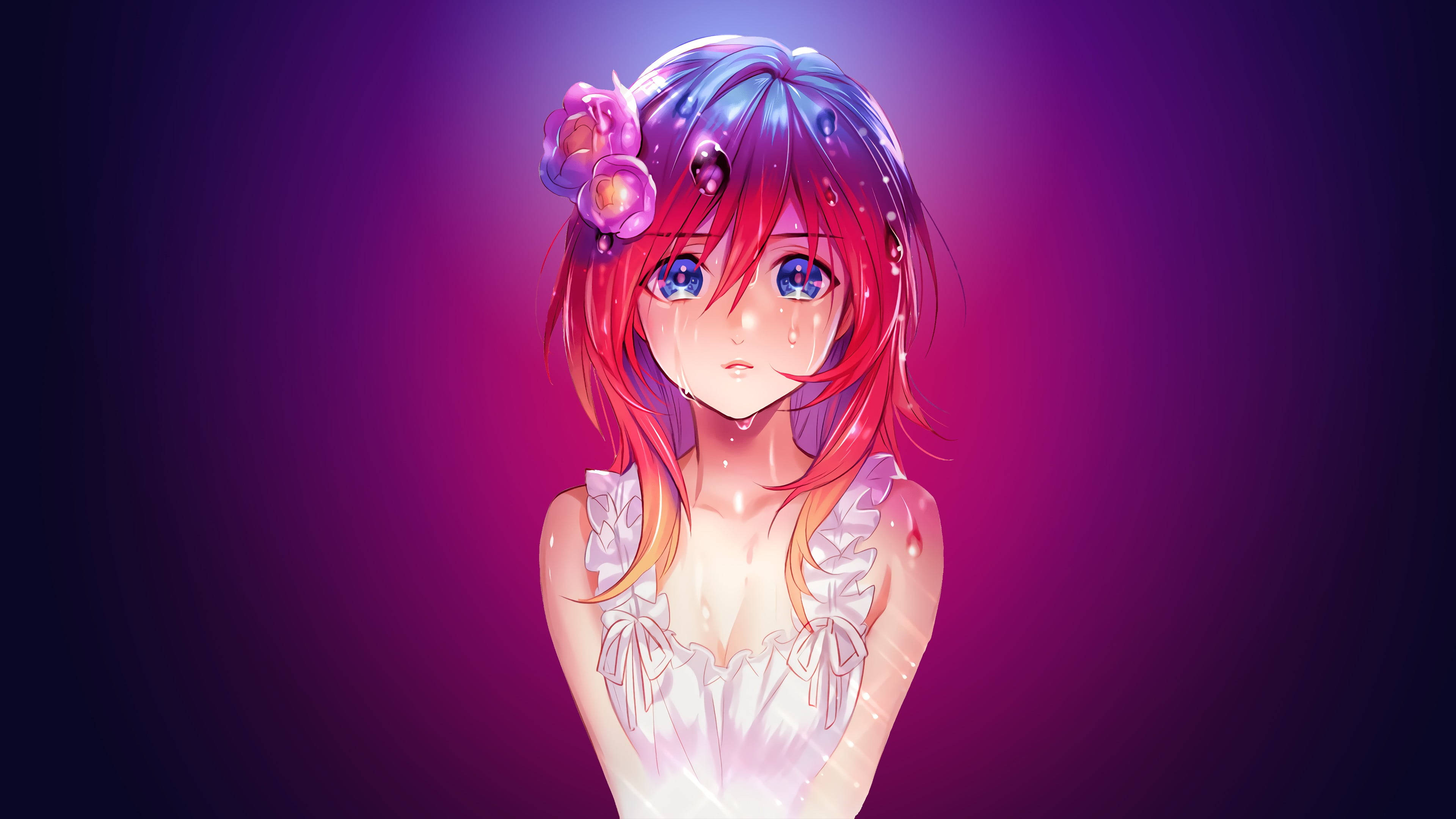 red anime girl, glowing anime girl, red and blue hair, 4K Desktop Wallpaper