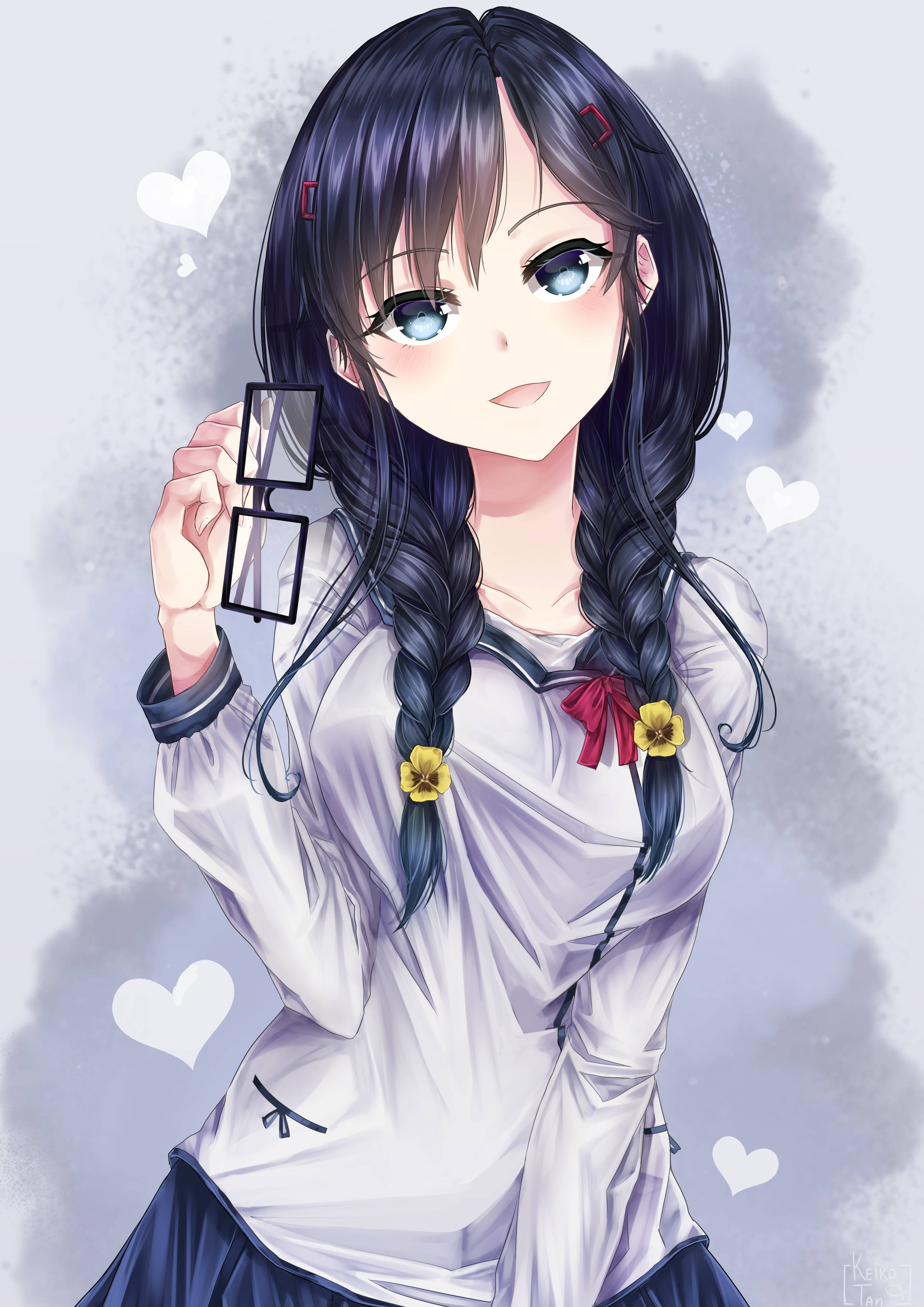 Anime geek girl, braids, dark braided hair, 4K Phone Wallpaper