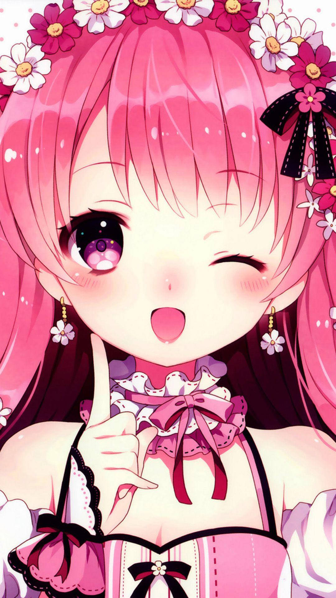 kawaii anime girl, pink hair, flower crown, Full HD Phone Wallpaper