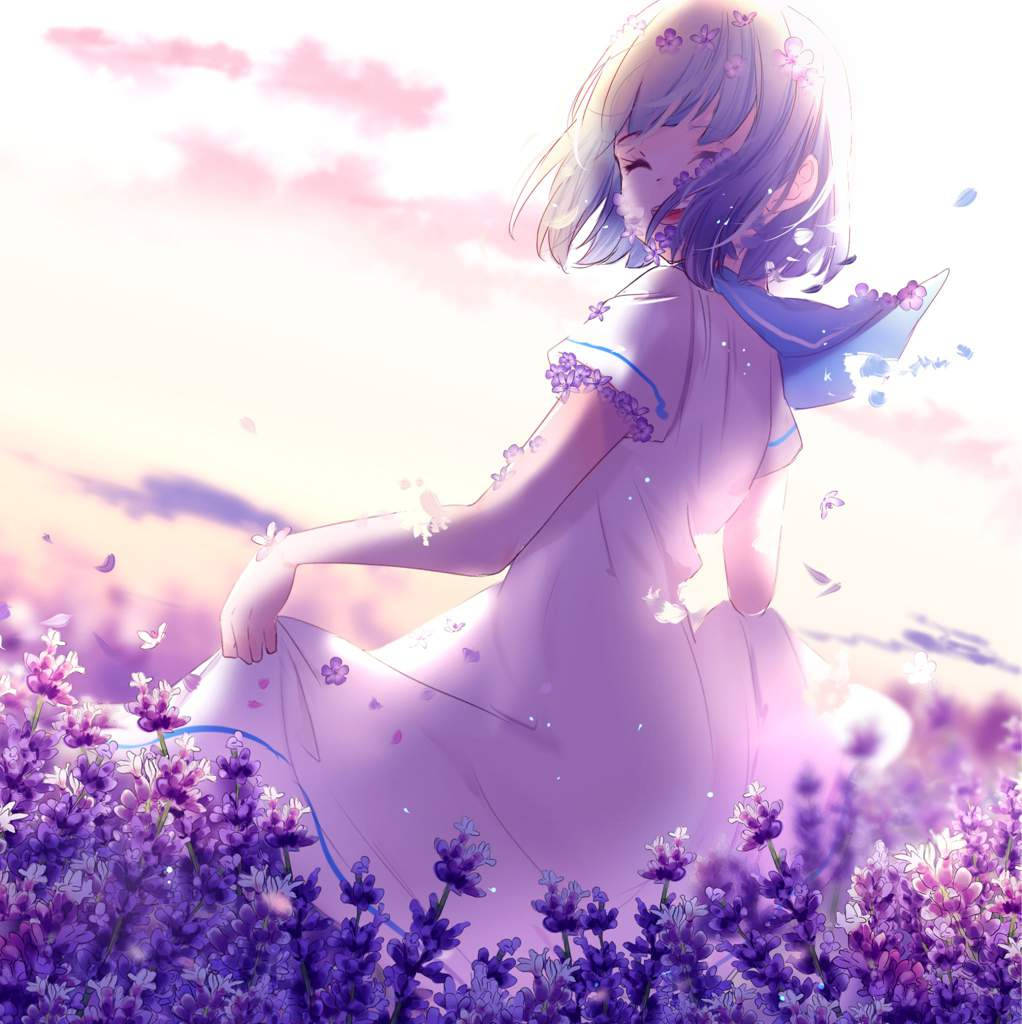 kawaii anime girl, lavender dress, purple flowers, SD Phone Wallpaper
