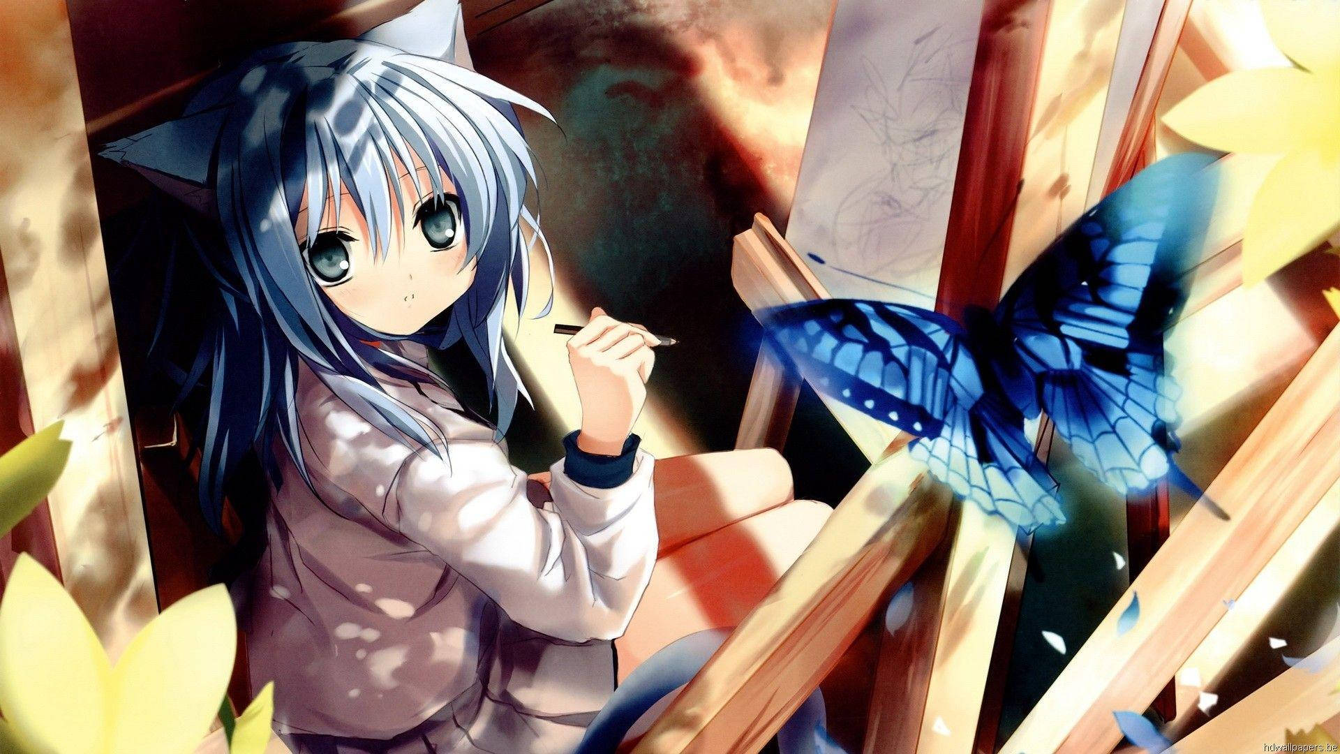 kawaii anime cat girl, blue-haired, cat ears, Full HD Desktop Wallpaper