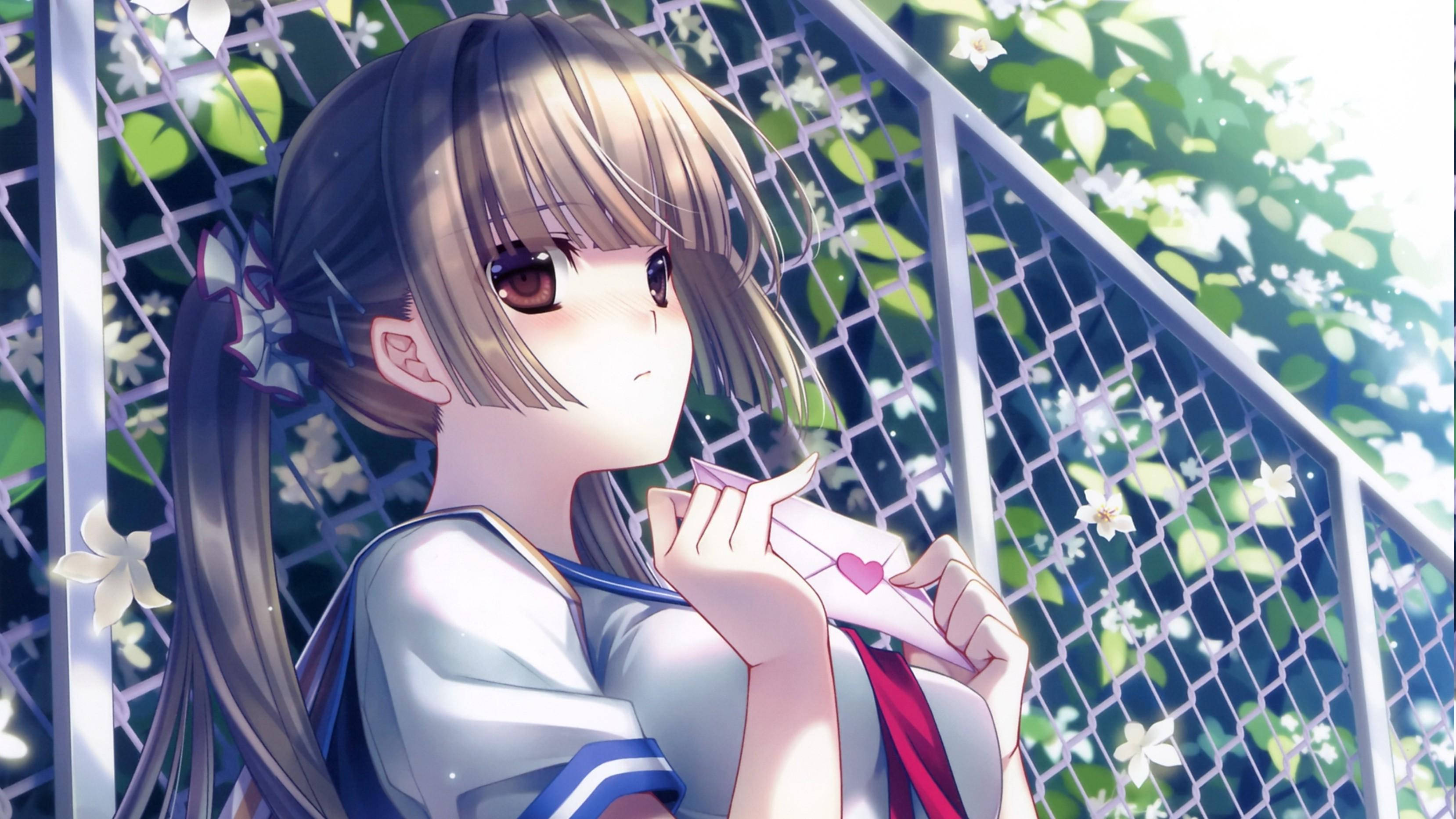 anime girl, school uniform, pink heart envelope, 2K Desktop Wallpaper
