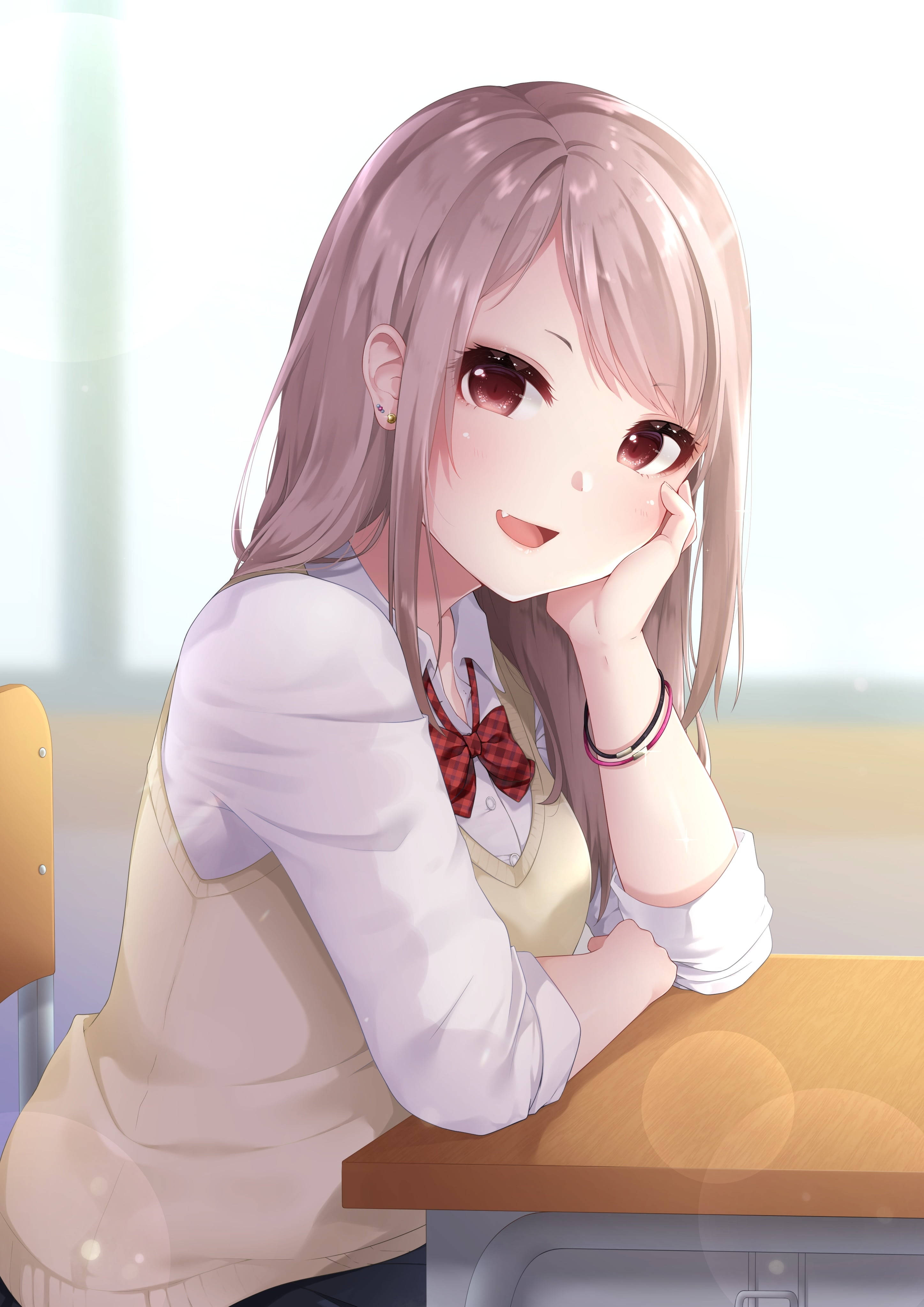 anime girl, pink hair, red eyes, 4K Phone Wallpaper
