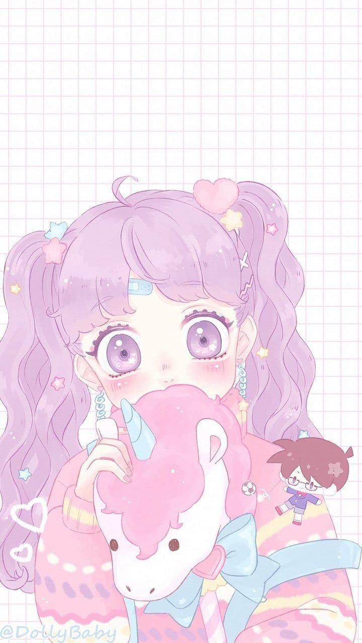 kawaii anime girl, purple hair, big eyes, HD Phone Wallpaper