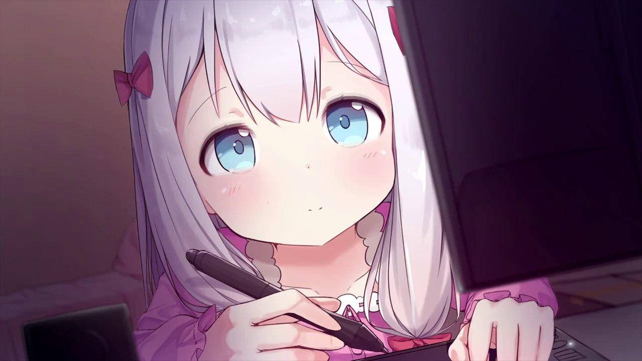 kawaii anime girl, silver hair, blue eyes, HD Desktop Wallpaper