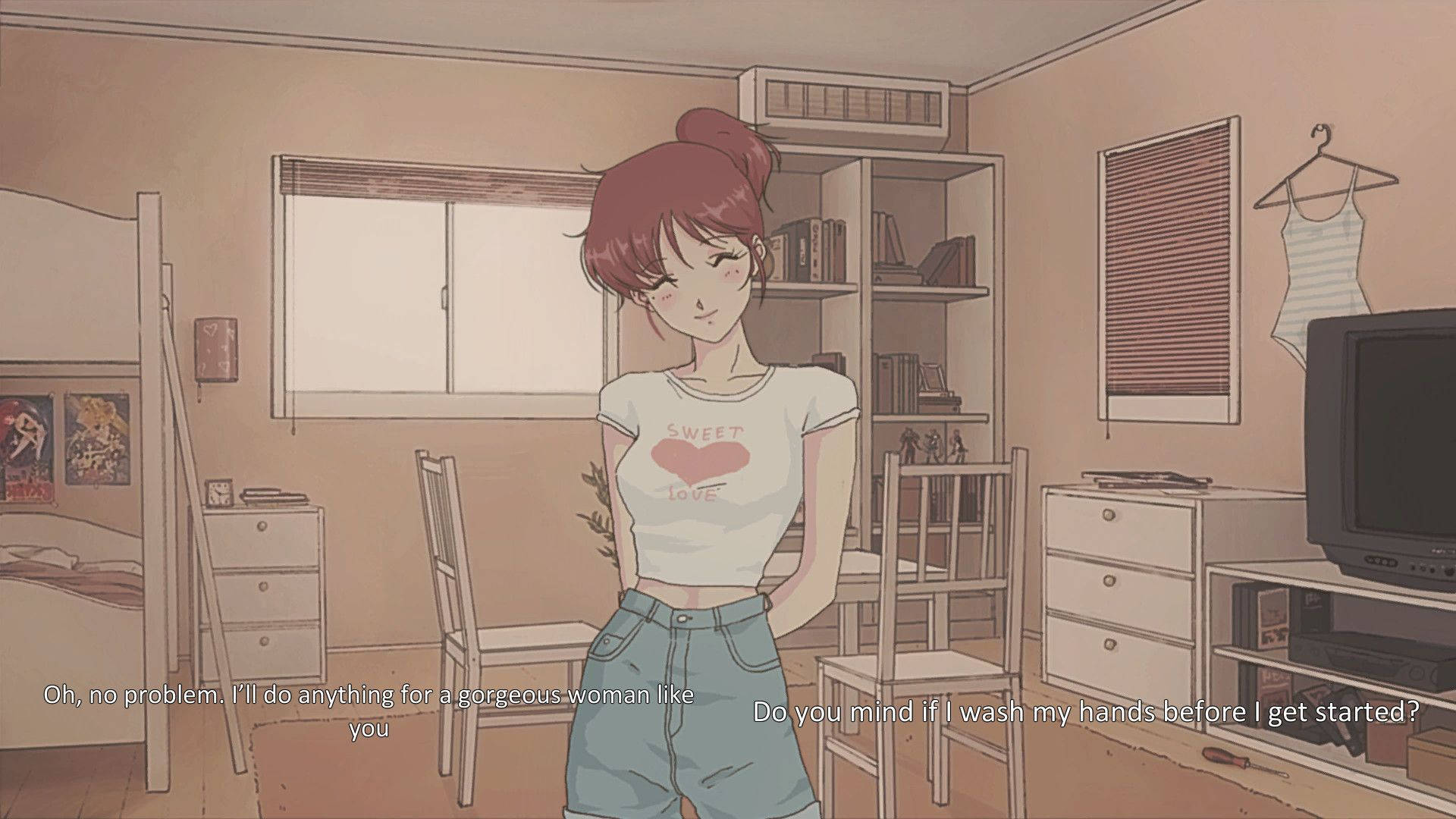 80s anime aesthetic, red-haired anime girl, white tshirt, Full HD Desktop Wallpaper