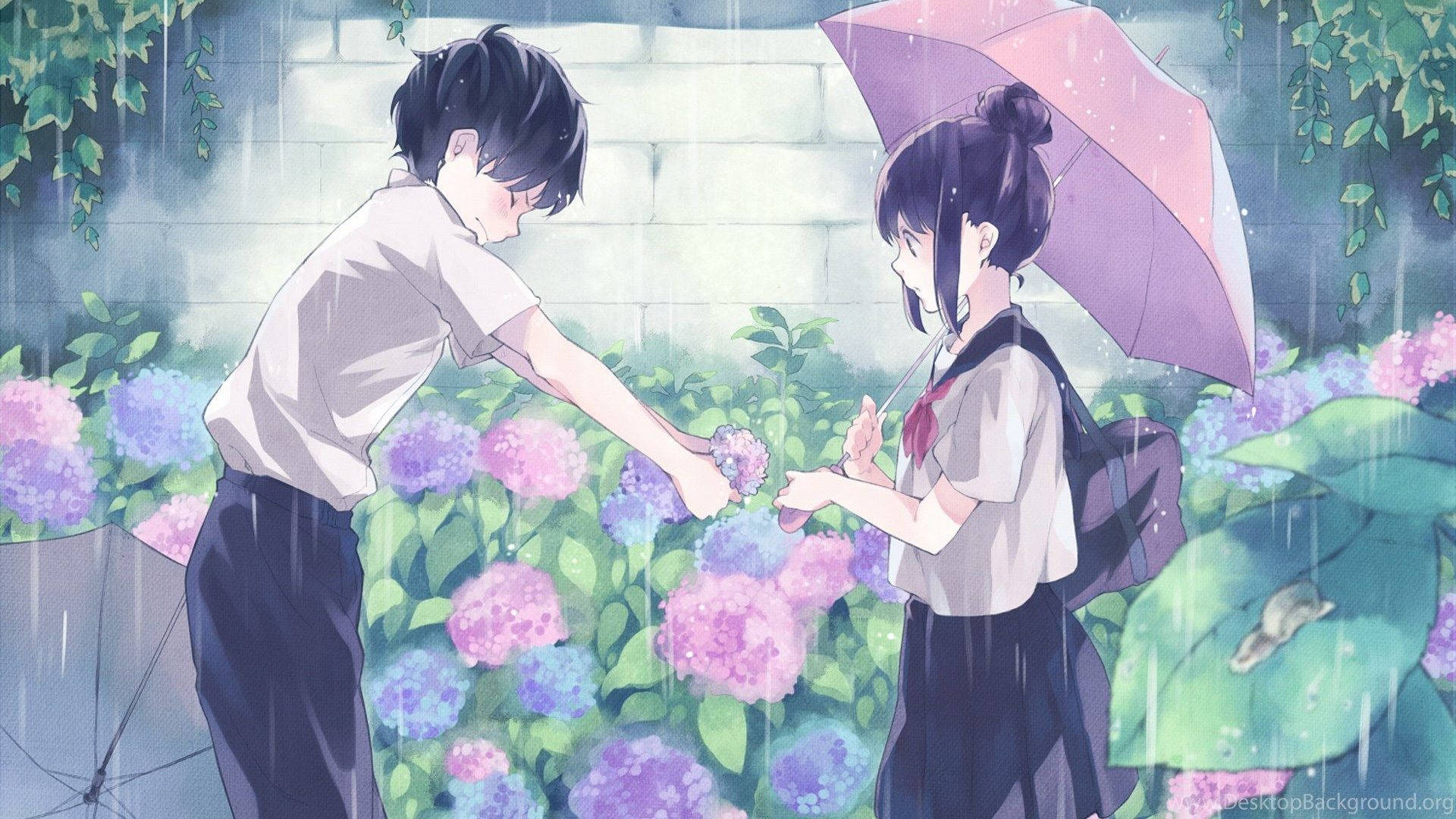 kawaii anime, boy handing letter to girl, hydrangea flower, Full HD Desktop Wallpaper