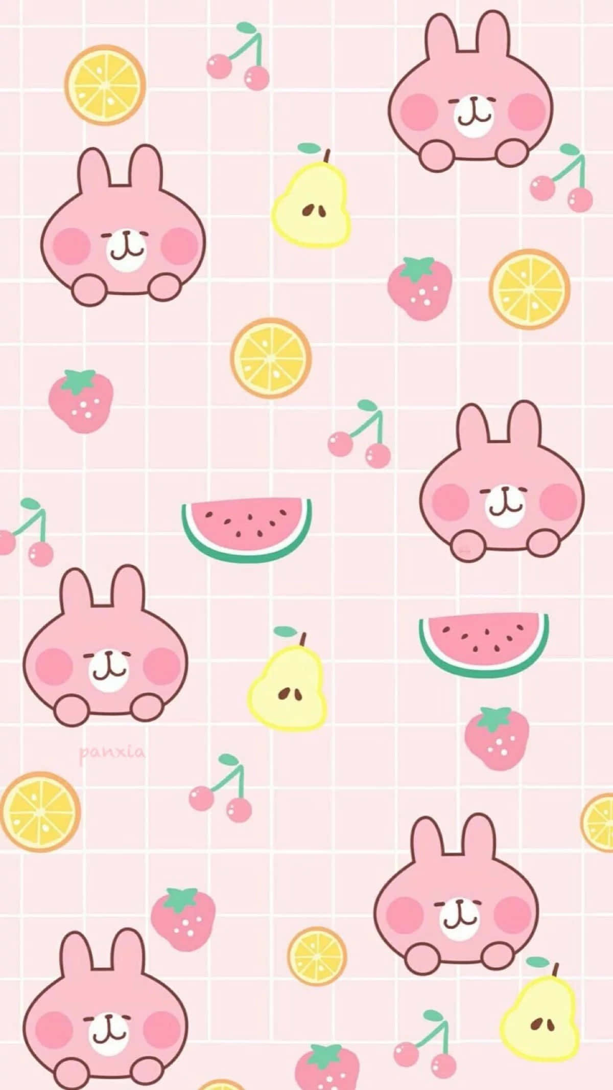 Kawaii Art, pink cartoon bunnies, fruit slices, Full HD Phone Wallpaper