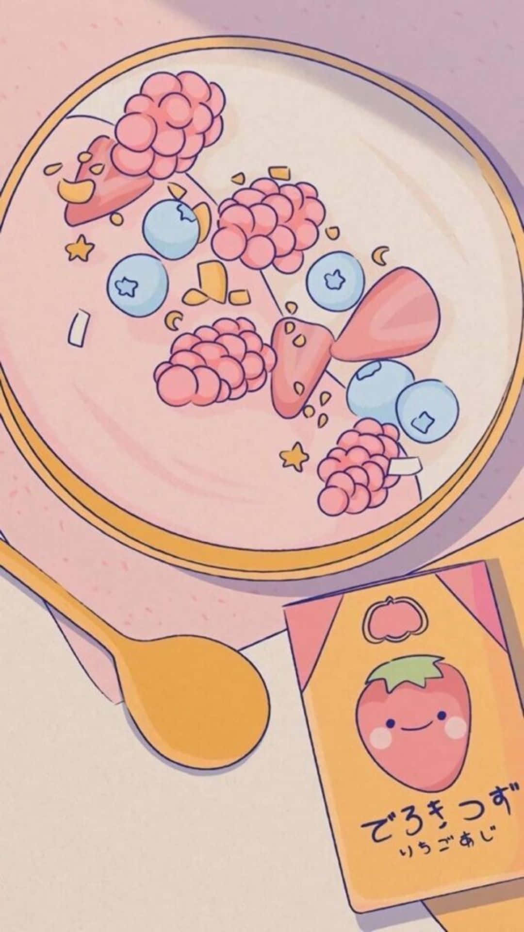 kawaii art, pink yogurt, raspberries, Full HD Phone Wallpaper
