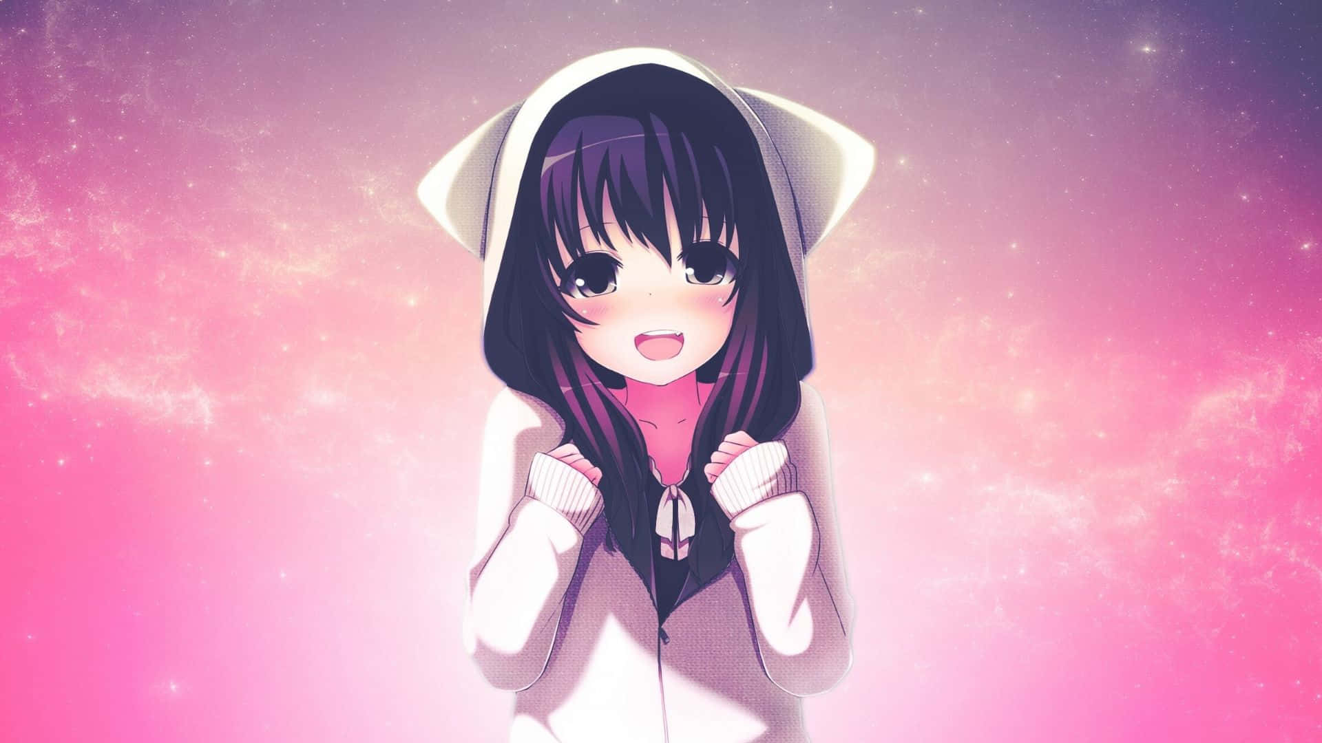 chibi character, whimsical objects, white hoodie with cat ears, Full HD Desktop Wallpaper