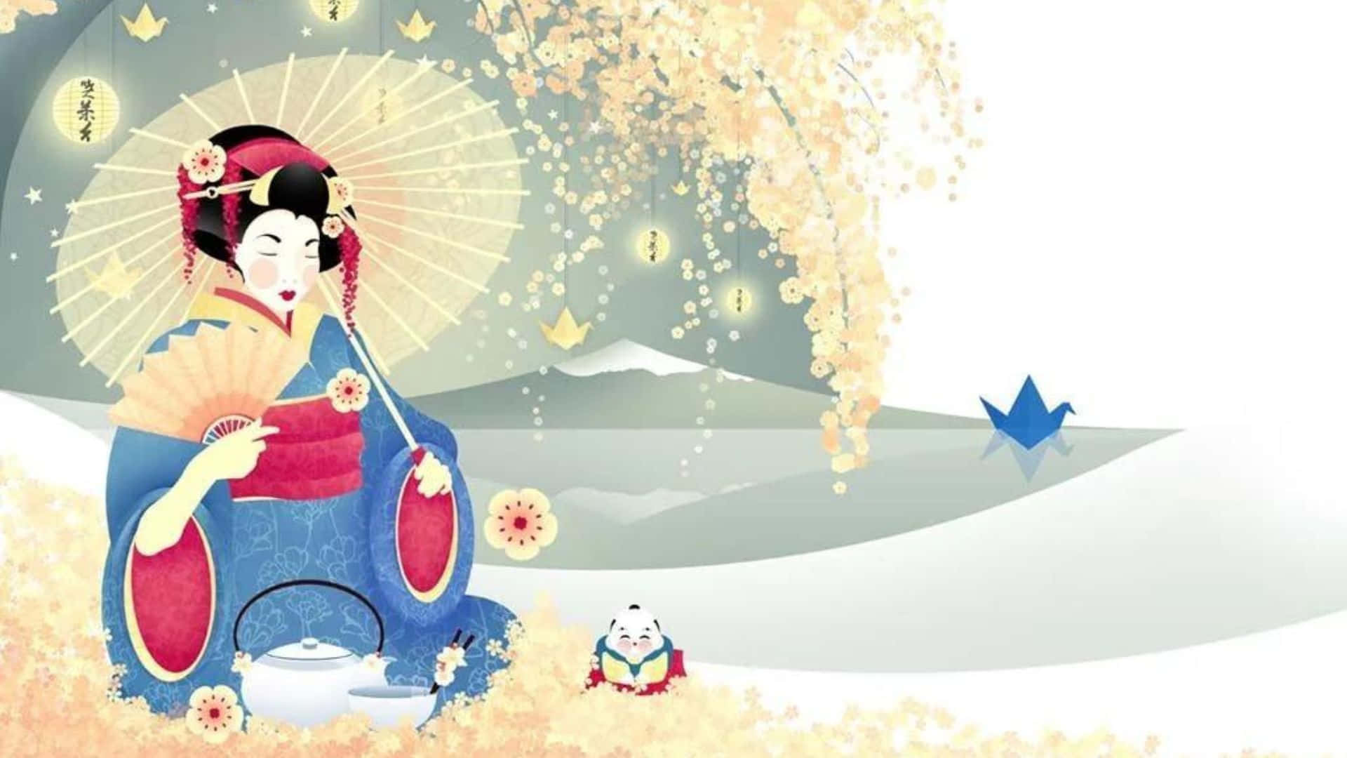 geisha, blue kimono, paper parasol, Full HD Desktop Wallpaper