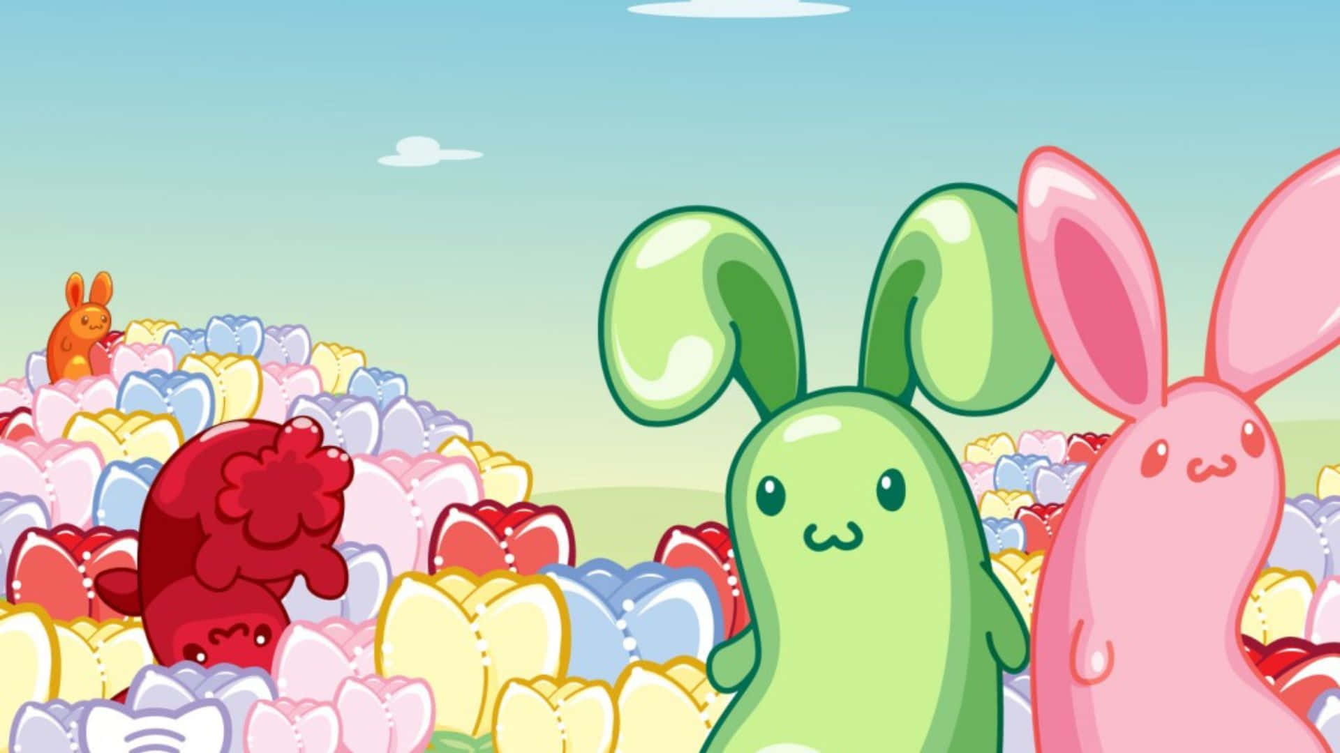 kawaii art, colorful kawaii art and characters, three cute cartoon bunnies, Full HD Desktop Wallpaper