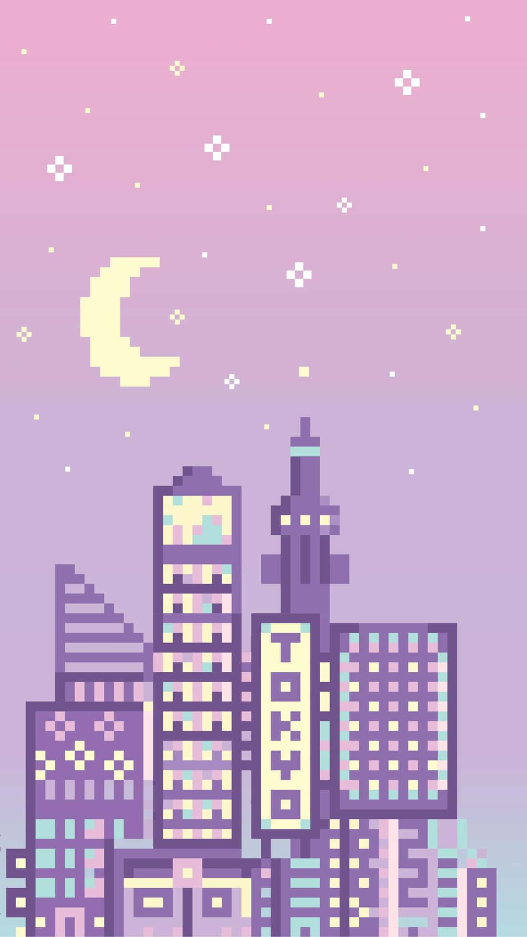 kawaii art, pixel art cityscape, night, Full HD Phone Wallpaper