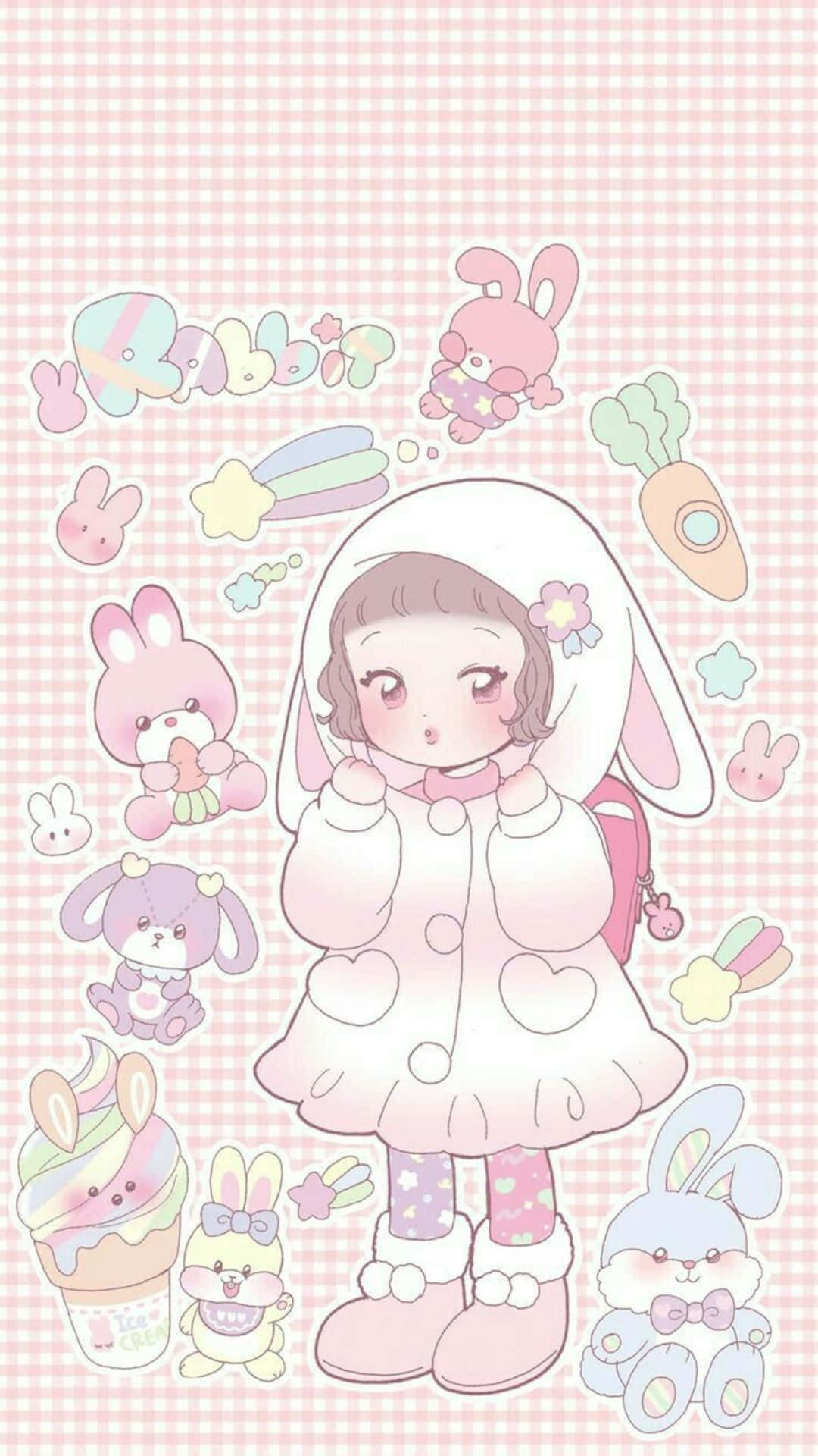 Kawaii Kitten in Space, pastel rabbit stickers, pink checkered background, Full HD Phone Wallpaper