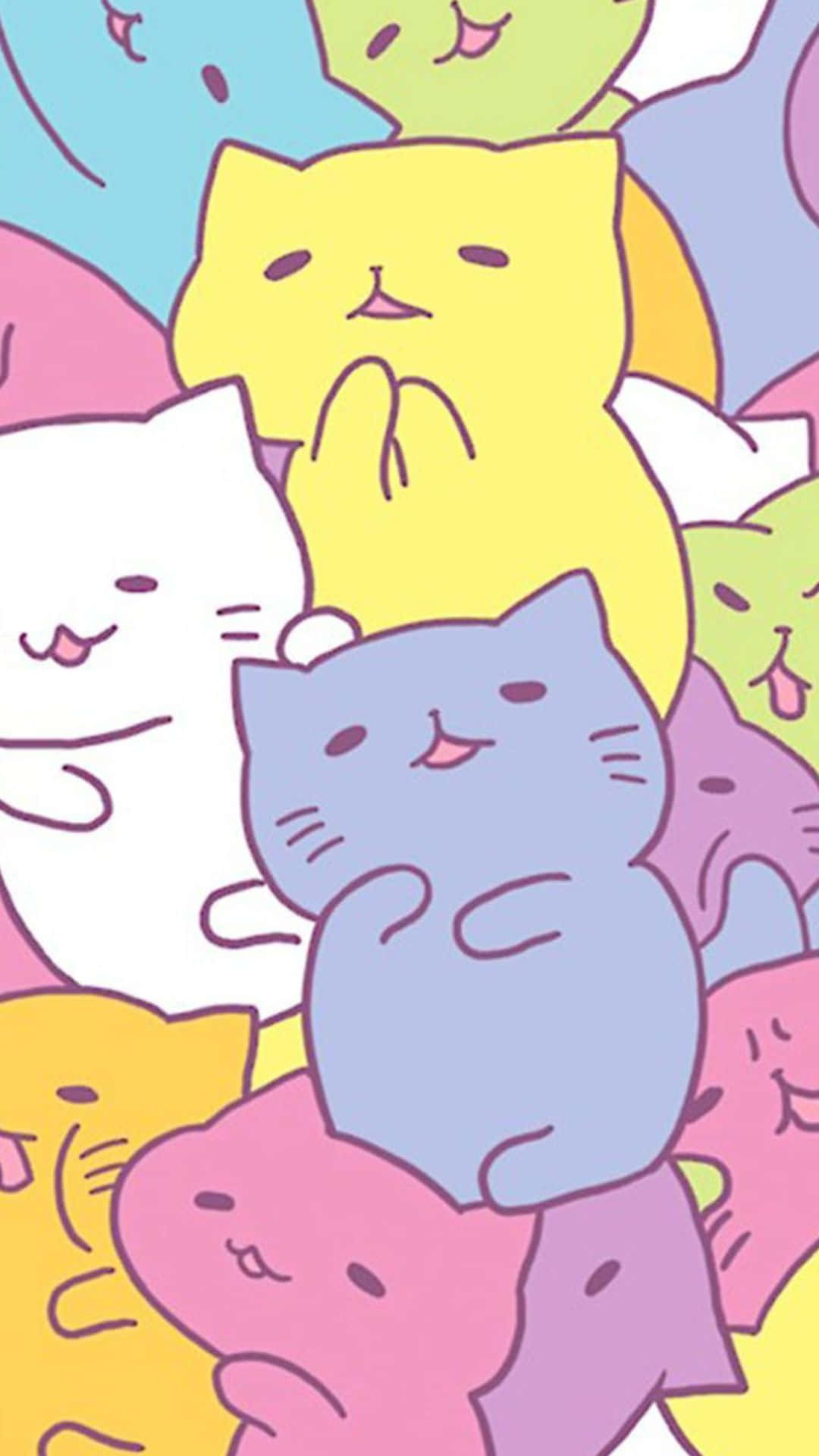 kawaii art, pastel-colored cartoon cats, simple smiles, Full HD Phone Wallpaper