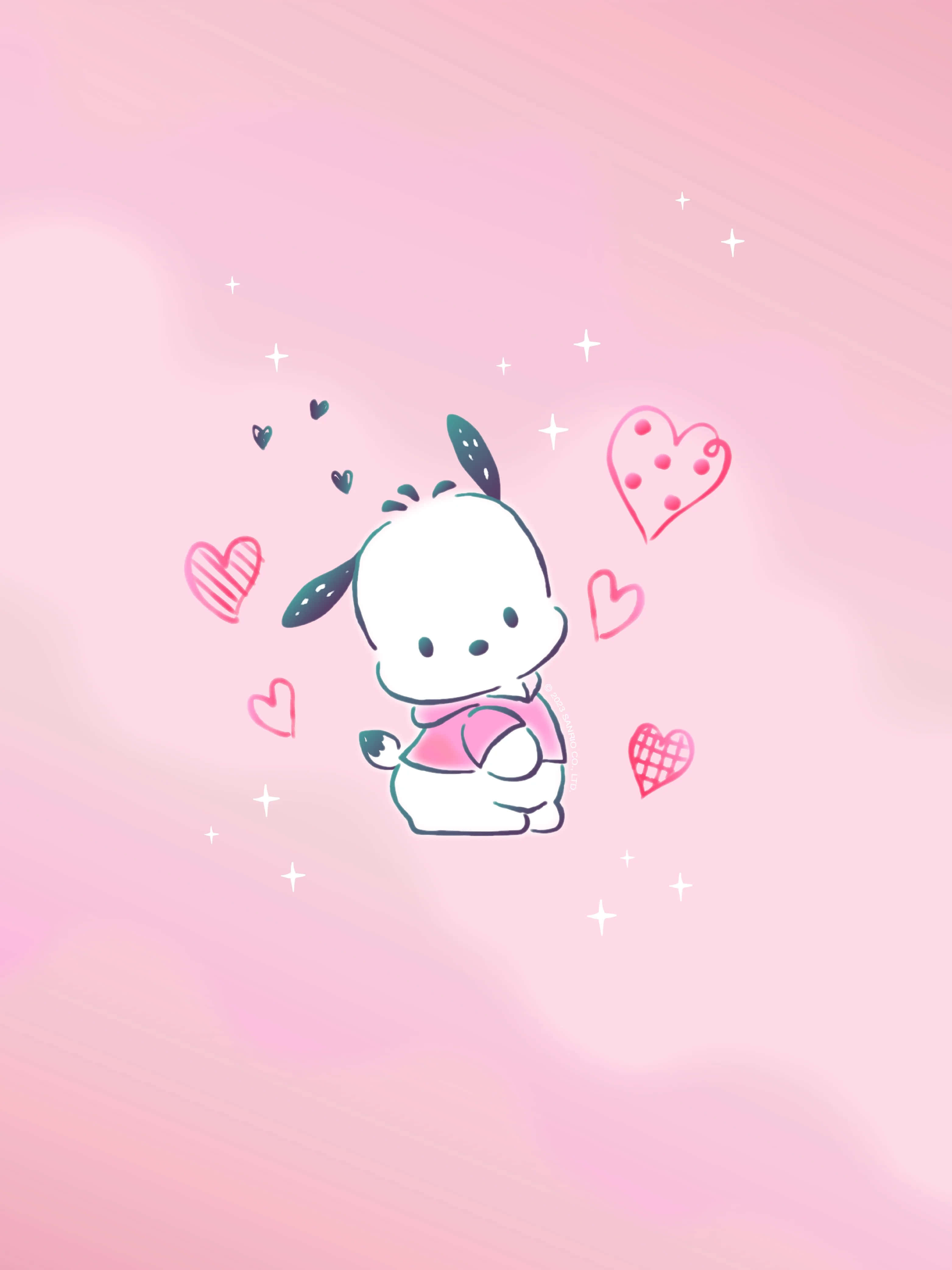 Kawaii Creatures in a Mystical Garden, white cartoon puppy, pink sweater, 4K Phone Wallpaper