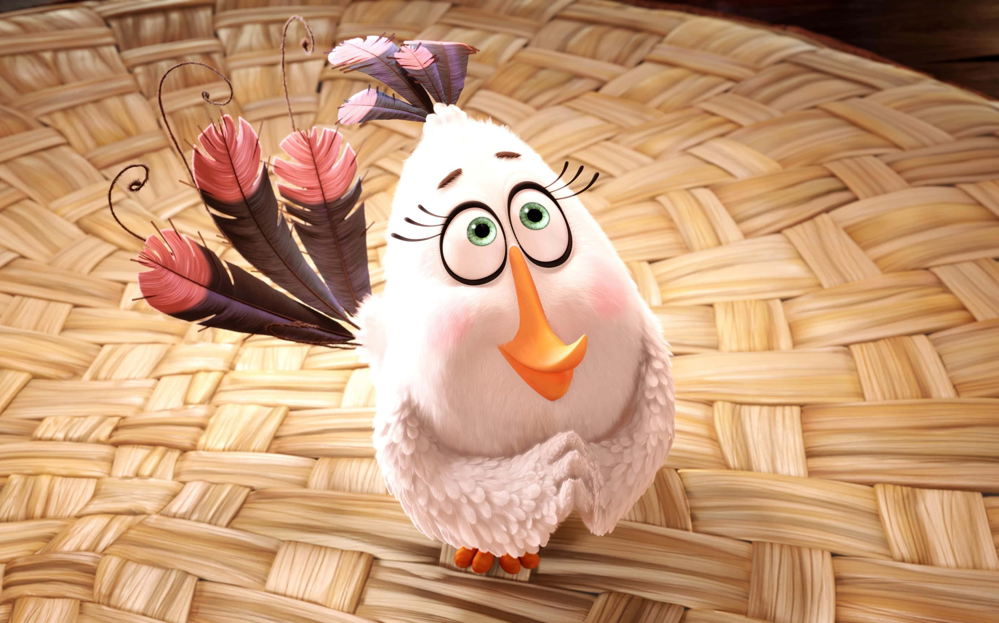 kawaii bird, fluffy white cartoon bird, green eyes, 2K Desktop Wallpaper