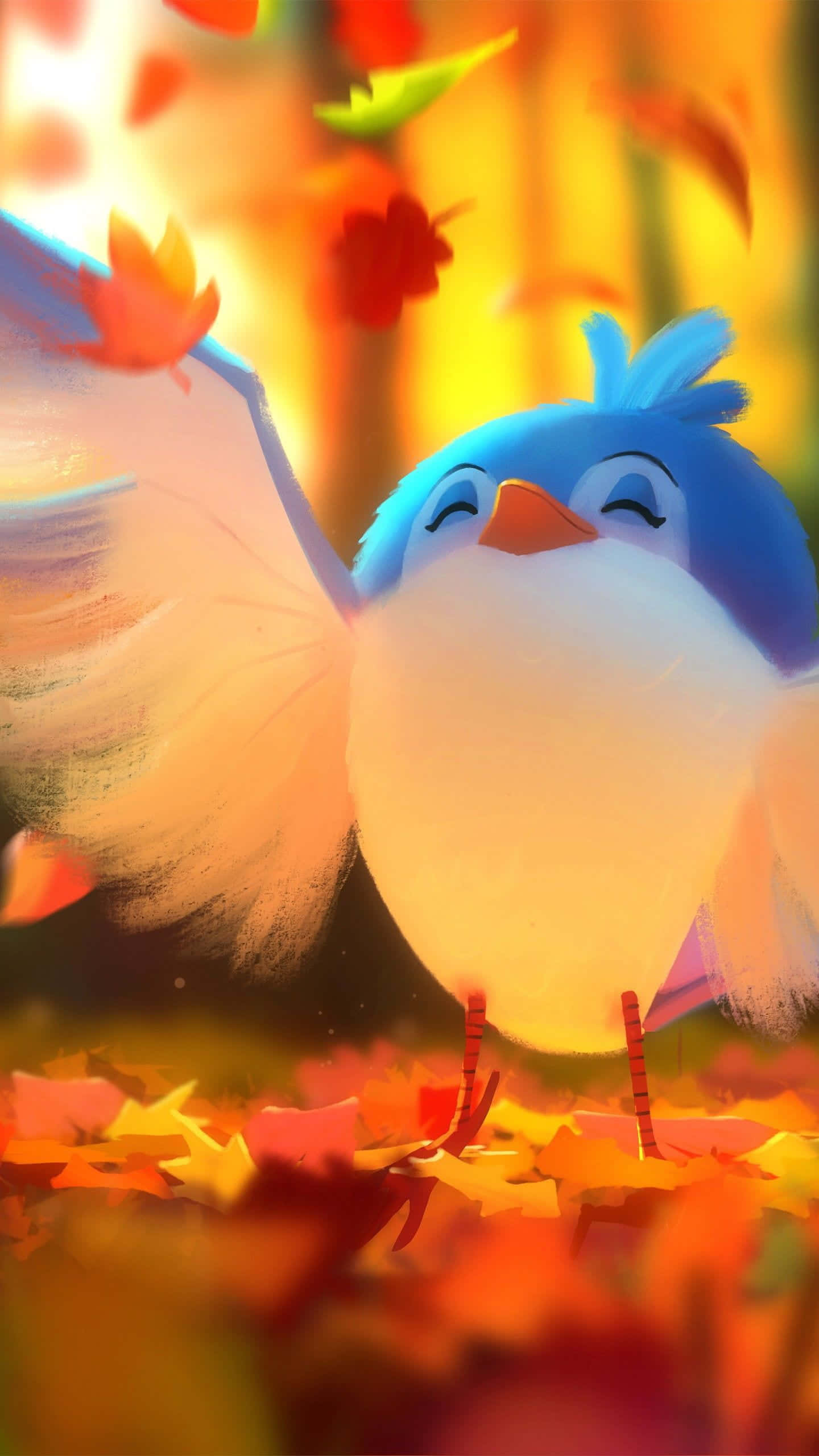 kawaii bird, blue bird, autumn leaves, 2K Phone Wallpaper