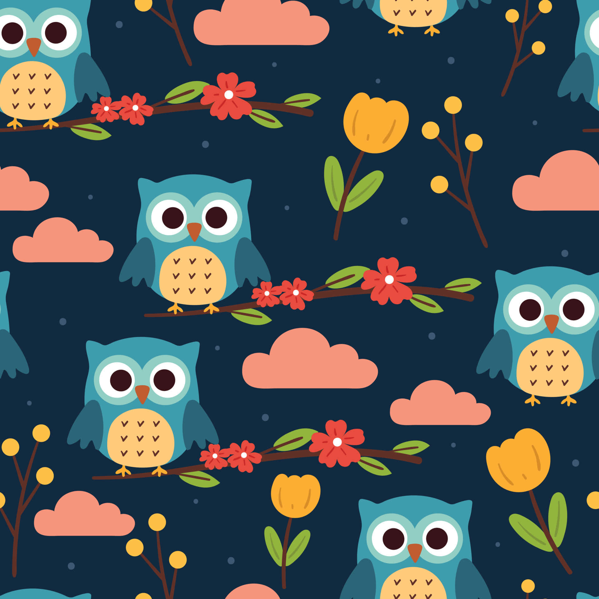 kawaii bird, blue owls, red flowers, Full HD Desktop Wallpaper